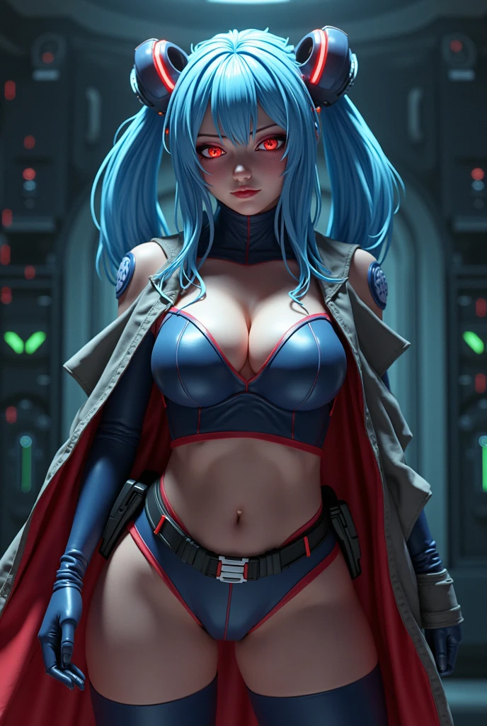 ((best quality, Optimal resolution, Award-winning portrait, official art)), ((perfect masterpiece)), ((Practical)) and super detailed photography of 1nerdy cyberpunk girls with gothic and post-apocalyptic overtones. she has ((Mint long hair)), apparel (Cyberpunk tech clothing top) There is still one (Cyberpunk technical clothing bottoms:1.2) , ((most beautiful、The sexiest aesthetic)),Huge breasts:1.4,Full, straight breasts,Showing cleavage,Nipple protrusion,Belly button,Thigh straps,Red clothes,No thongs