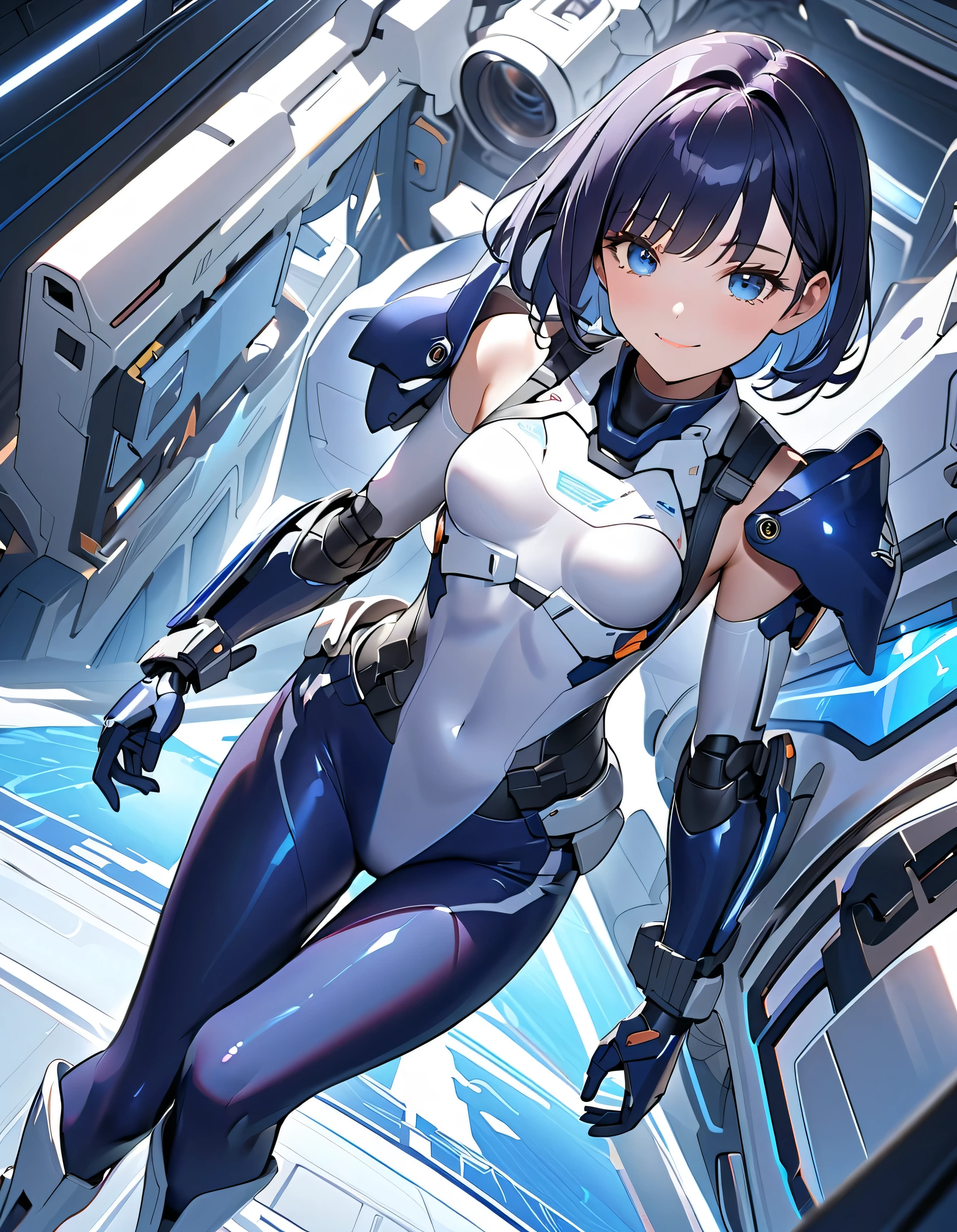 (masterpiece、highest quality、highest resolution、clear_image、detailed details、Angle from above): (full body figure、One 20 year old girl、Japanese faces、small face、Slender、Navy blue super short bob cut hair、(hidden small breasts:1.3)、sparkling blue eyes、Shiny pilot suit in blue and black colors、armor that protects the chest、tight fitting clothes、clothes that cover the whole body、shiny clothes、tight fit pants、hide the skin、very delicate and beautiful、detailed skin、hide thighs、hide your butt、cute type、gentle smile、soft expression、heroine、headset、Knee-high boots、gloves up to the elbow、eye level shot、facing directly、woman on a spaceship)