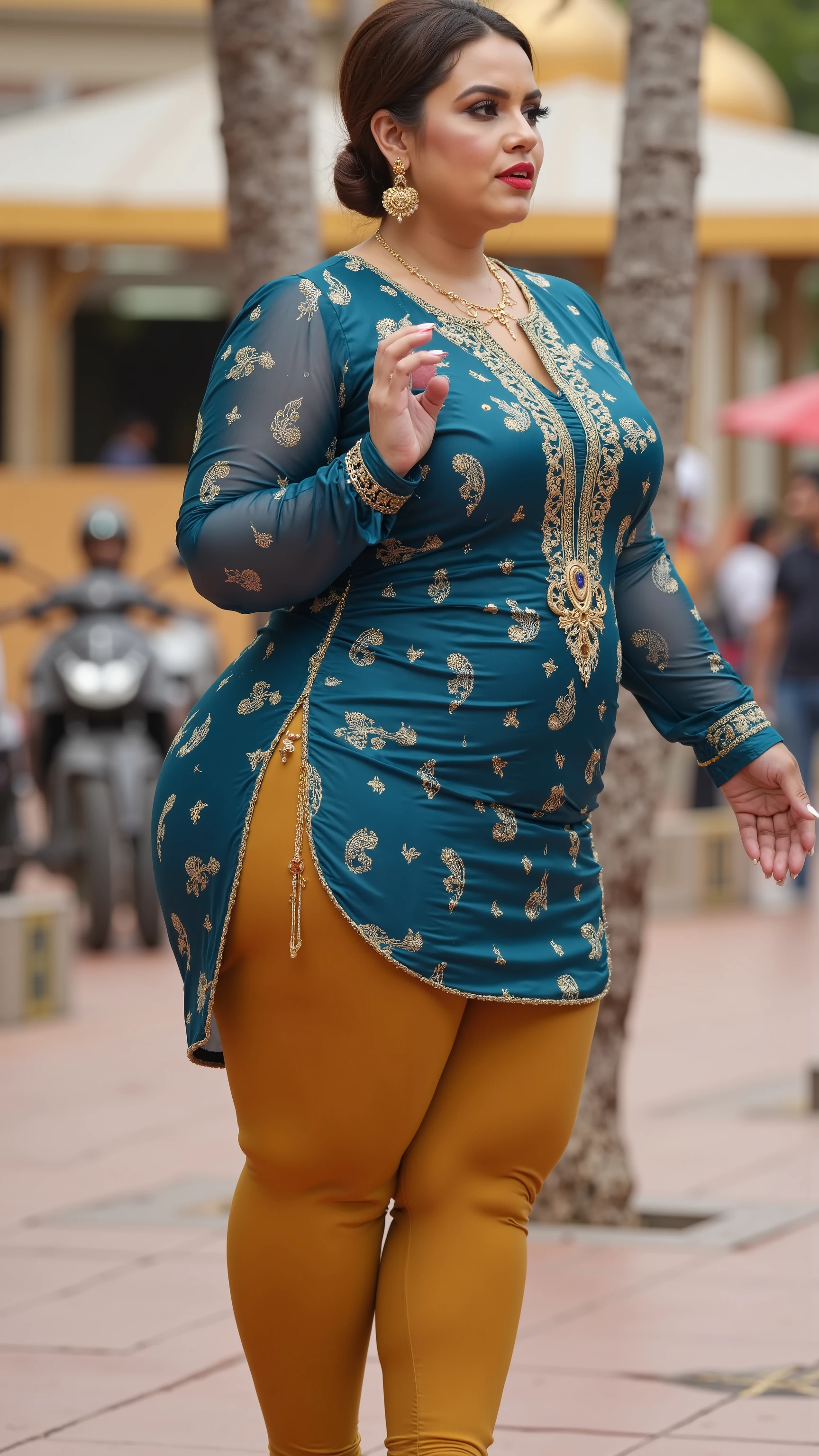 I am 40 year old plus size tall and big giant indian muslim women, looking like indian actress hansika motwani, wearing a gold boarded puff hand transparent peacock blue kurti ,and shining reflective glossy bright tan very tight leggings,golden nose rings,nose stud, anklet,hanging ear rings,long golden chain on neck,white-skin,white skin tone, beautiful face, dark red lips, clean skin,low bun hair,celebrity face,gold stelito heels,thick leggs, round ass,bulging ass,huge breast, side view of woman exposing ass ass and thighs through open kurti slit,standing and praying in front of an indian hindu temple,only side view of woman, head towards viewer