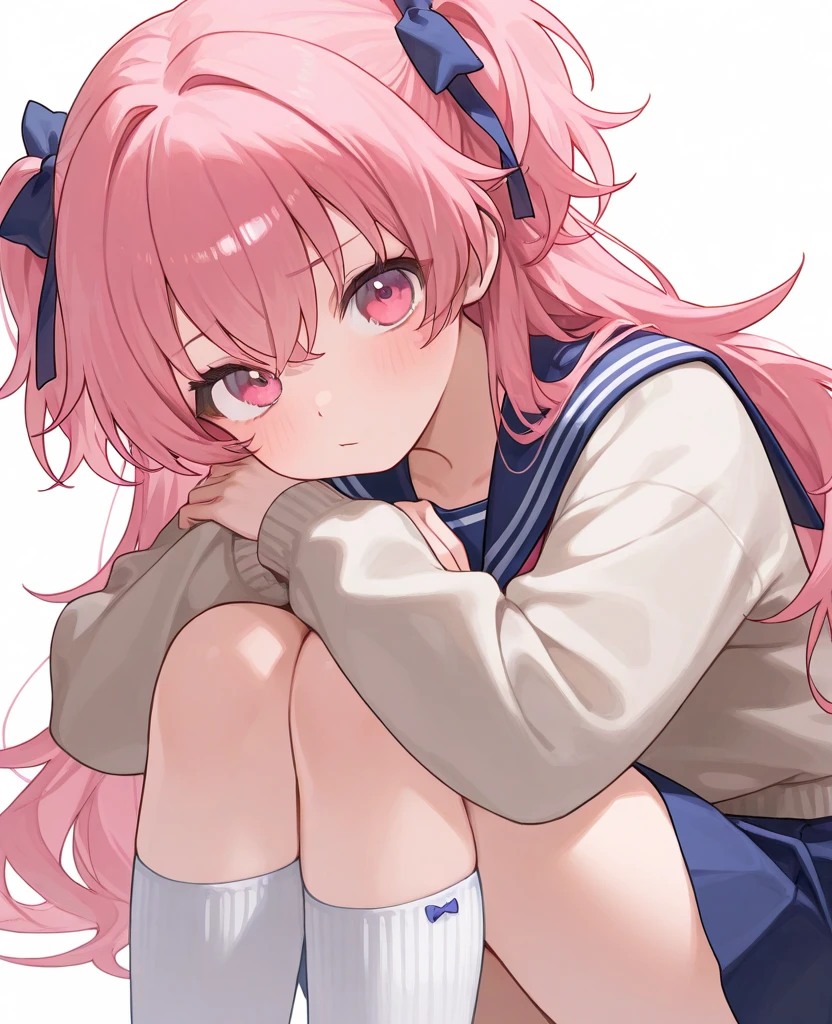 (((masterpiece, high resolution))), beautiful woman, Japan Beauty, 20 years old, high school student, skirt, knee socks, beautiful woman, looking at me, (((high resolution face, high resolution eyes))), hentai, white background