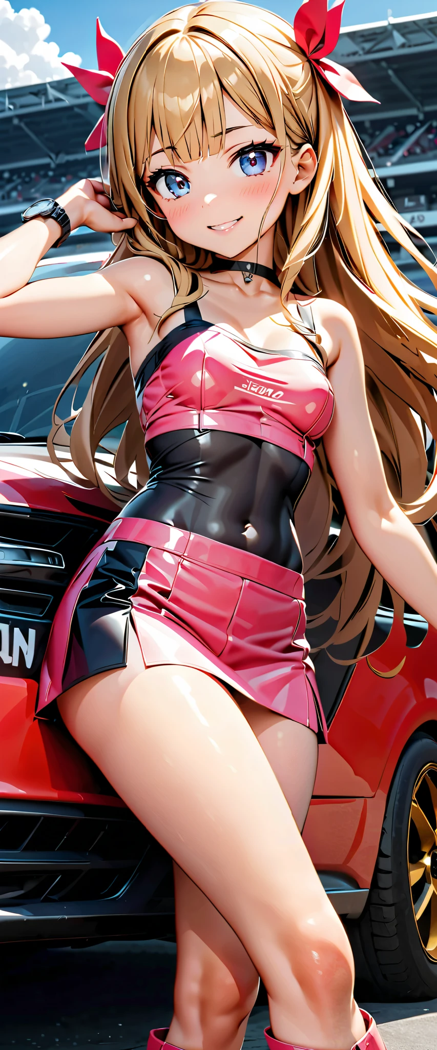 blond haired woman in a pink dress leaning on a car, dressed in a pink dress, ultrarealistic sweet bunny girl, pink dress, seductive anime girl, pink girl, smooth pink skin, blonde goddess, trending on cgstation, hyper realistic anime, photorealistic perfect body, wearing a pink dress, pink body, hyper realistic style, beautiful alluring anime woman
