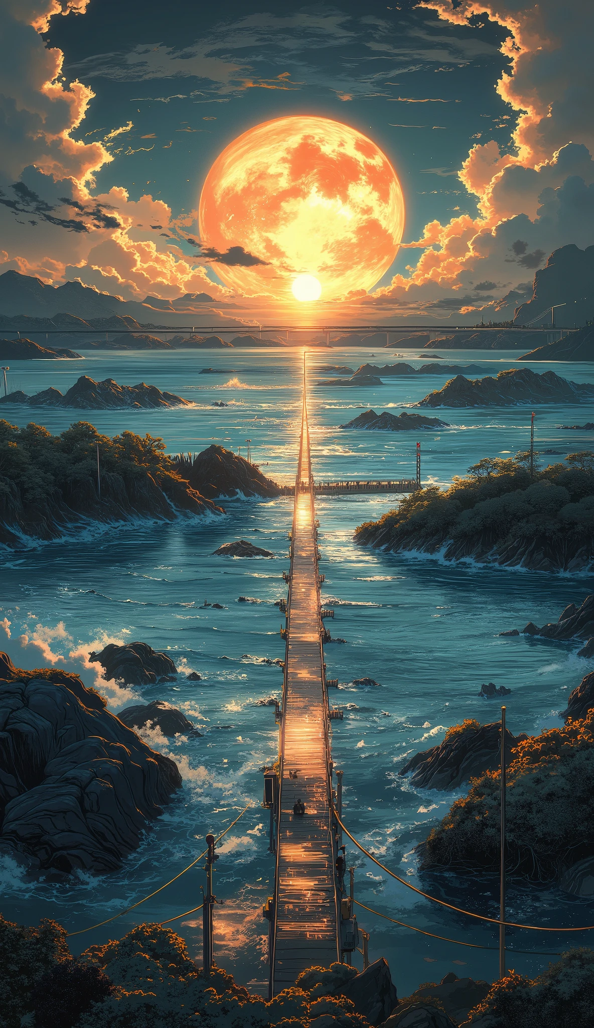 A cross-sea bridge under the sunset, the sea is sparkling, white clouds are floating across the sky, and the reefs are looming. Every detail is carefully depicted, high-definition quality, Makoto Shinkai style, Japanese anime style. --ar 9:16
Get a mobile wallpaper of anime scenes