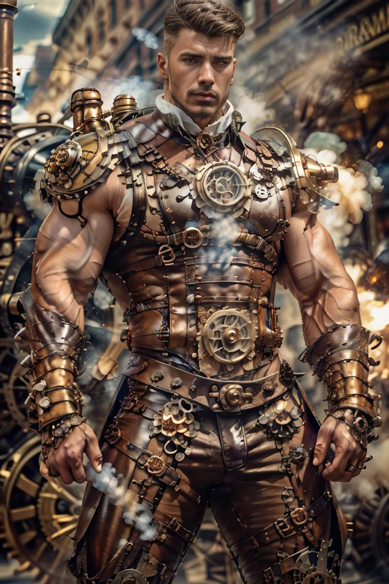 ((Masterpiece, High Quality)), Best Quality, highly detailed , ultrarealistic , cinematic ,realistic , photorealistic realistic eyes, intricate details, detailed background, depth of field, dynamic pose, dynamic angle ,male focus ,muscled man (1.0) ,handsome (detailed face) ,Young Arafed muscular chiseled very handsome man , (( steam4rmor, wearing steampunk barbarian armor, highly detailed, , detail face, tool enhancer ,slider 1.0)), realistic, masterpiece, intricate details, detailed background, depth of field, photo of a man ,looking like courage , ((light bokeh)) , highlighting the strong muscle lines , symbol of strength. Perspective and perspective: shooting from a low angle , highlighting the height and majesty of men. Or use a side perspective to show the posture and tattoo of a men.