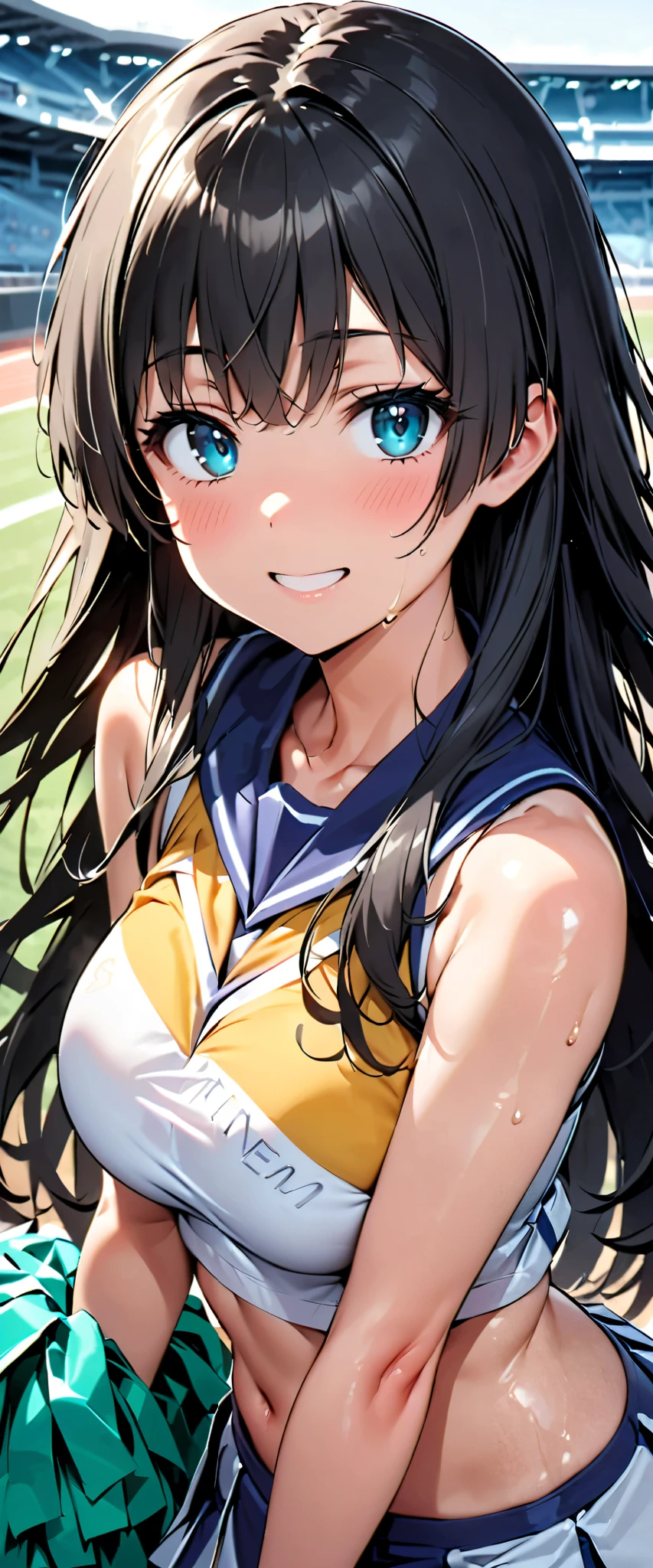 (Masterpiece, best quality, super A high resolution ),Japanese woman alone, ((( very pretty girls ))),  cute girl、Staring at the photographer､  (()),  very cute face,  glossy lips like M-shaped open legs , , natural smile 、  natural cosmetics,  long lashes, Glossy smooth hair､,   Perfect Limbs ,  perfect anatomy,(((Shining cheer uniforms, cheerleader, cheerleader, tube top)))) stadium,Saten Ruiko, sweaty,((( tube top)))Gloss Lip, with a cheerful smile