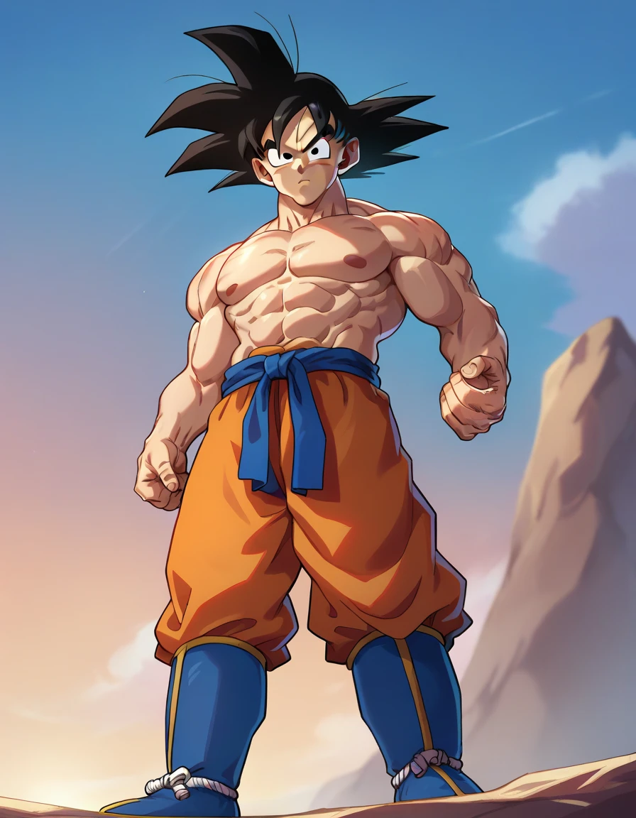 (Eine detaillierte Zeichnung von gohan, bodybuilding gym.), shirtless, huge muscle Body, Big Bizeps, Big shoulders, muscukar legs,abs, barefoot, mma, Full body image