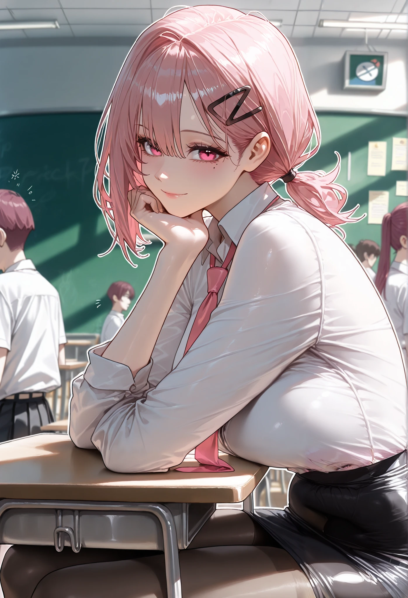 (masterpiece, high resolution, 2k resolution, best quality), (1girl, perfect anatomy, perfect face),
((pink hair), short hair, triangle hair clip), (pink eyes, perfect eyes),
white button shirt, pink tie, Tube skirt, Knee length pantyhose), Narrow shoulders,
((sitting, looking foward, side view, Arms on the table, one hand under the chin, propped up, classroom, people on the background),
(flushed, light smile, mole under eye),
(solo, 1girl), mature woman, (white outline, 6px outline width),
(Hands joined on front), long ponytail