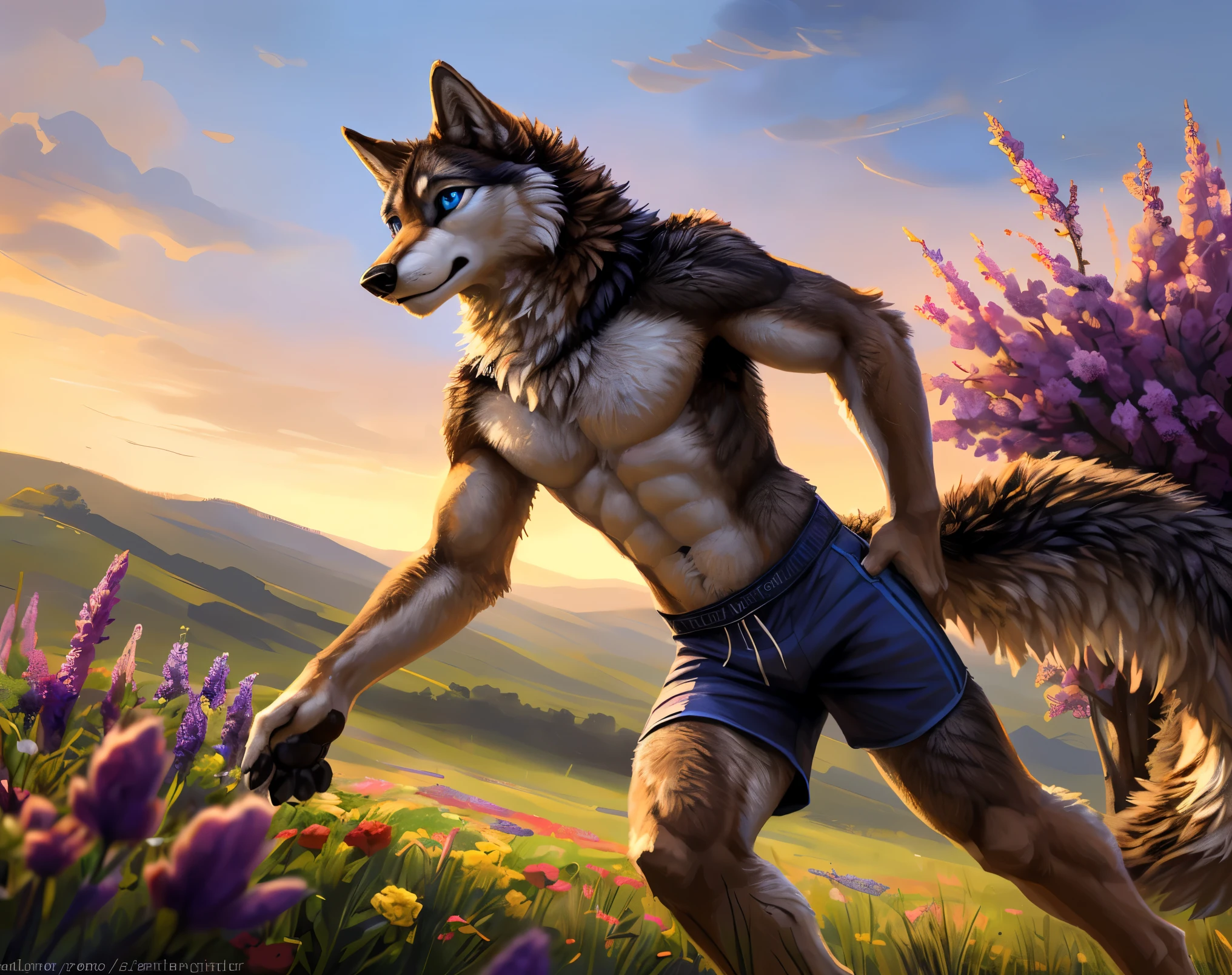 ((Solo)), male people, anthro wolf, (Multi-colored fur, White-brown:1.3,White tail pointed), (Height 2.1m,Tail length 1.2m), ((Wolf face, Big eyes, White eyelids, Blue pupil, Slim:1.2) (Tough, Calm expression:1.2)), Abs, Slim, pinging)), (Correct anatomy), (Work shorts:1.1), The upper body naked, (detailed outfits),A long big tail,Feet,(Realistic fur, Detailed fur texture, labeled:1.3)), (Natural lighting), Photorealistic, Hyperrealistic, ultradetailed, by Kenket,In a sea of flowers,erect through,Running on