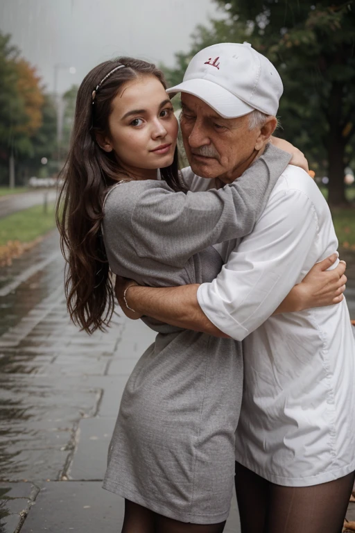 a 20 year old girl with blue eyes, realistic image with her boyfriend a 65 year old man, ultra realistic image in 4k, rich in detail, image is about 4 meters from the camera