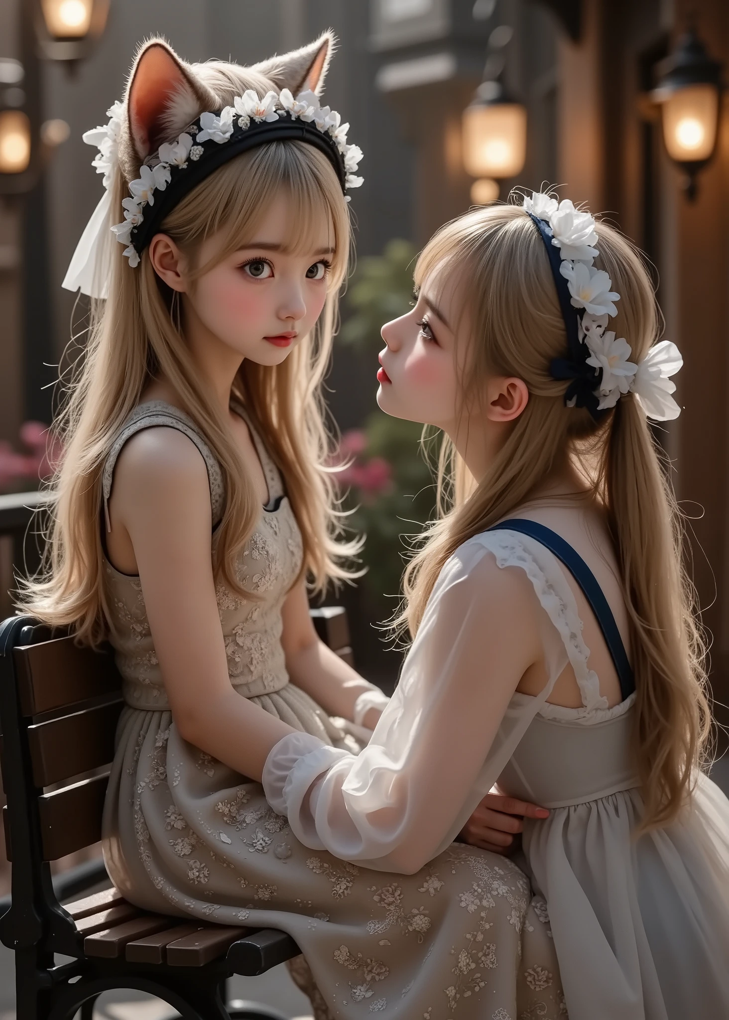  night resort、Anthropomorphic cat and girl sitting on a bench and having a conversation、flower bed、Street lamp、 fairy tale