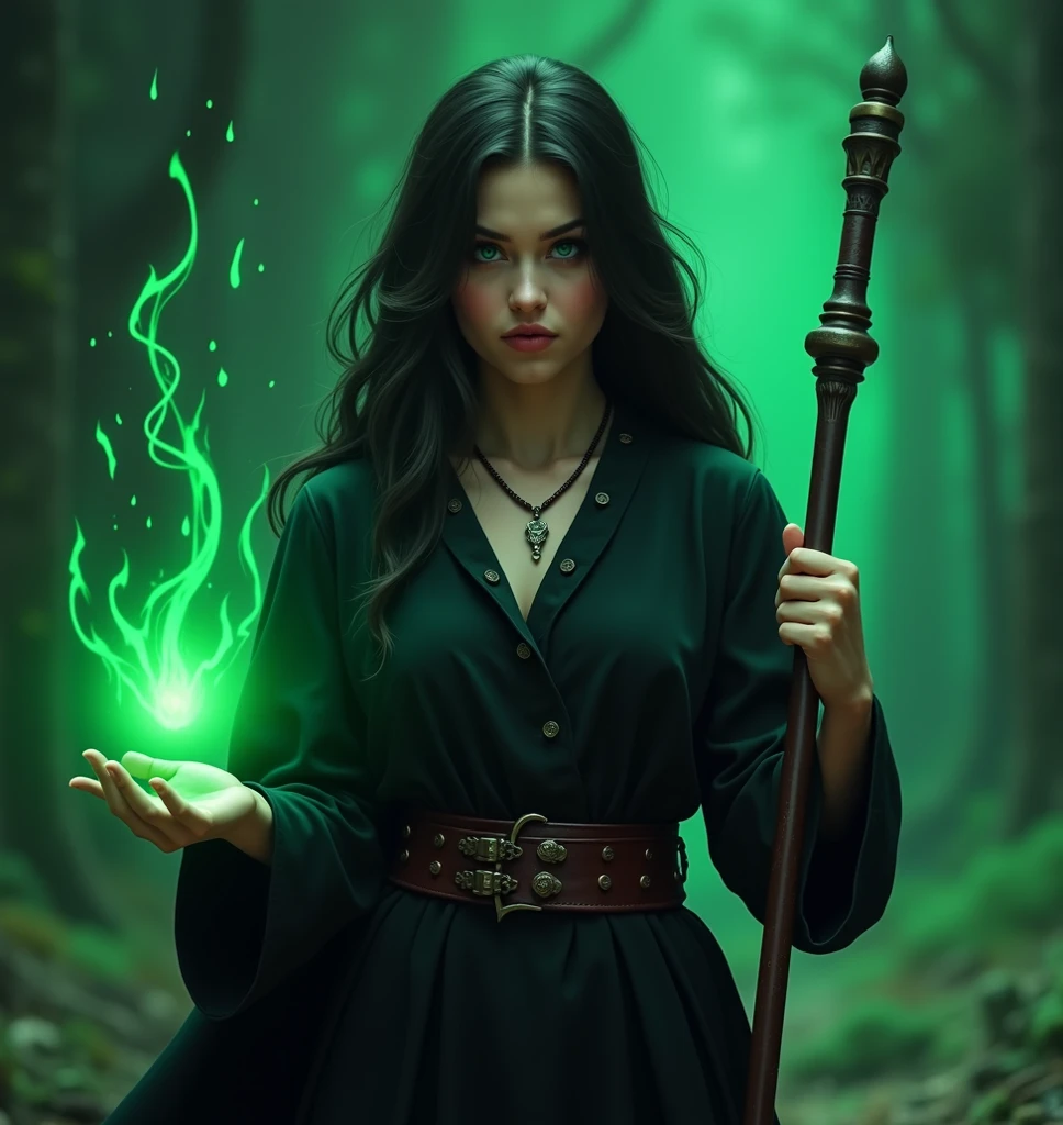 Wild wolf woman with green eyes and long, unruly brown hair, wears a simple knee-length dress and a black hooded cape.. She walks through the city at night, Wherever she steps, plants grow that highlight the concrete, the woman emanates a green spiritual energy in the shape of a wolf