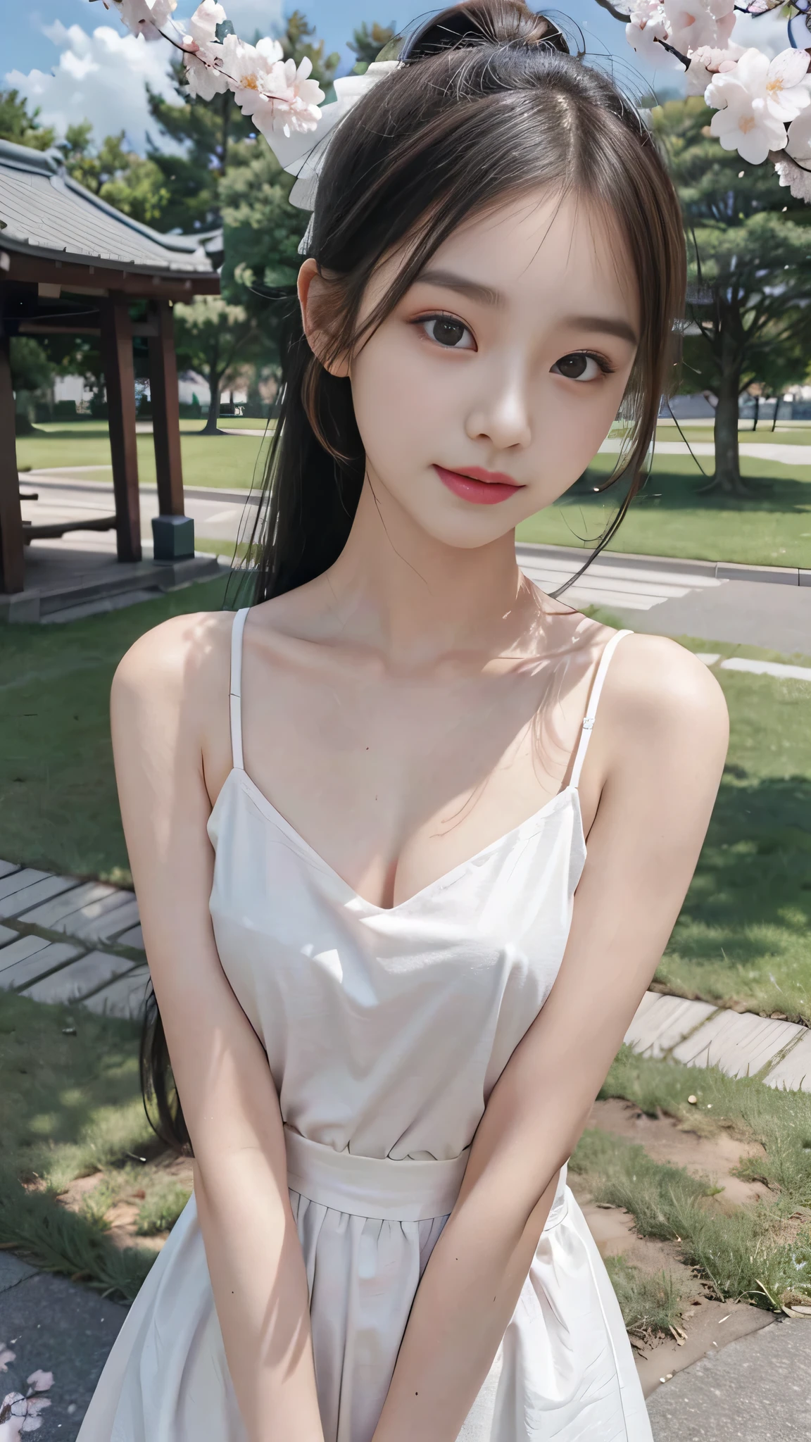 collared dress,European park,On the lawn,One woman,masutepiece, The highest image quality, High quality, the background is clear,Beautiful woman, Japanese,Ultra-detailed, finely detail, hight resolution, 8K Wallpaper, Perfect dynamic composition, Beautiful detailed eyes , Detailed, Detailed eyes, Detailed skin, Beautiful skin, 超hight resolution, (reality: 1.4),Very beautiful woman, Slightly younger face, Beautiful skin, slender, (Ultra photo realsisim), (hight resolution), (8K), (Very detailed) (beautifully detailed eyes), (super detailed), (Detailed face), view the viewer, Fine details, Detailed face, Staring straight ahead, Staring straight ahead, photos realistic, Bright lighting, Professional Lighting, Black hair,poneyTail,a baby face,sixteen years old,Hairstyle: ponytail,Long ponytail hairstyle,slight smile,neat and tidy clothing,Beautiful Japanese KPOP idol photo, hair style is ponytail, my eyes are double and wide, baby face, smile and look straight ahead, slender, small breasts,Close up face,