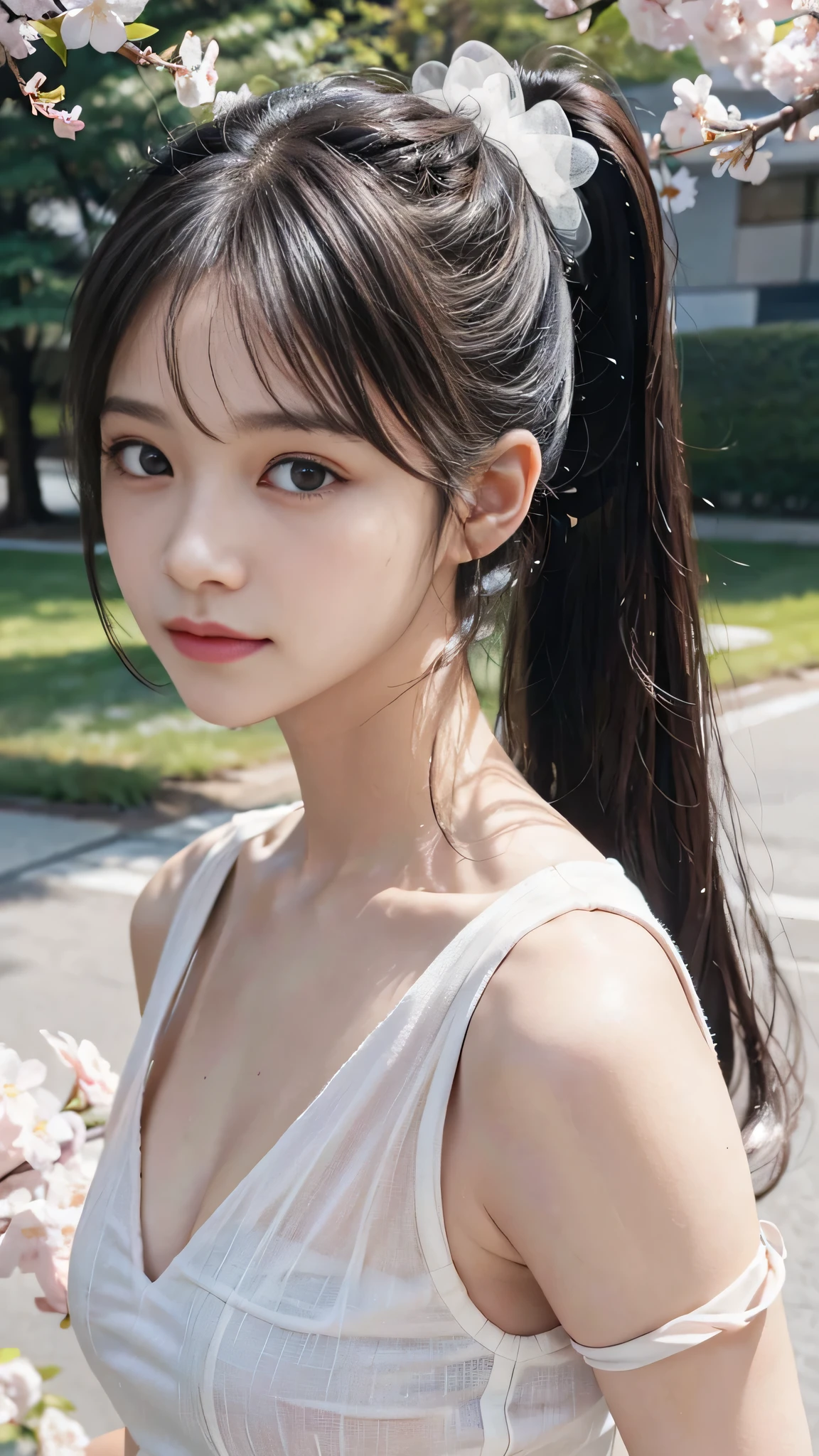 collared dress,european city park,On the lawn,One woman,masutepiece, The highest image quality, High quality, the background is clear,Beautiful woman, Japanese,Ultra-detailed, finely detail, hight resolution, 8K Wallpaper, Perfect dynamic composition, Beautiful detailed eyes , Detailed, Detailed eyes, Detailed skin, Beautiful skin, 超hight resolution, (reality: 1.4),Very beautiful woman, Slightly younger face, Beautiful skin, slender, (Ultra photo realsisim), (hight resolution), (8K), (Very detailed) (beautifully detailed eyes), (super detailed), (Detailed face), view the viewer, Fine details, Detailed face, Staring straight ahead, Staring straight ahead, photos realistic, Bright lighting, Professional Lighting, Black hair,poneyTail,a baby face,sixteen years old,Hairstyle: ponytail,Long ponytail hairstyle,slight smile,neat and tidy clothing,Beautiful Japanese KPOP idol photo, hair style is ponytail, my eyes are double and wide, baby face, smile and look straight ahead, slender, small breasts,Close up face,