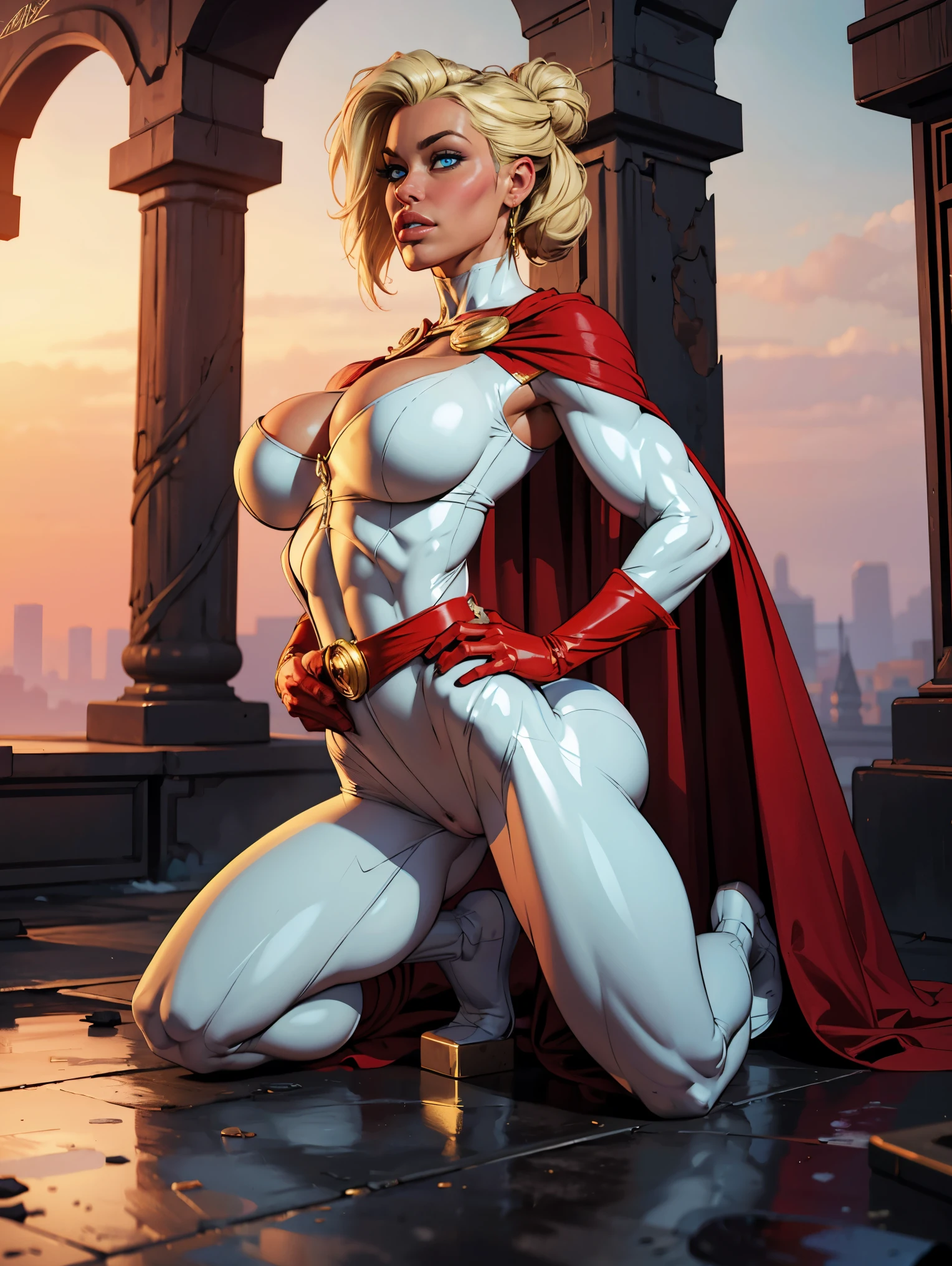 1girl, 25 y.o. woman,((Power Girl)), portrait in Justice League style, "Round, youthful face" + "Bright, piercing blue eyes" + "Thick, dark eyebrows" + "Full, sensual lips" + "Short, blonde hair styled in a sleek, straight style" + "Smooth, fair-toned skin" + "Slim, toned figure" + "Slim, toned figure with large, perky breasts" + "Tight, toned stomach" + "Round, firm buttocks" + "Toned, muscular legs" "Round, firm, and toned ass"), posing like a model, volumetric lighting, best quality, masterpiece, realistic, anatomically correct, (strong cinematic lighting), ((rim lighting)), stunning details, intricate details, 8k post-production, High resolution, super details, trending on ArtStation, sharp focus, depth of field f/1.8, studio photos, (((looking at camera)))