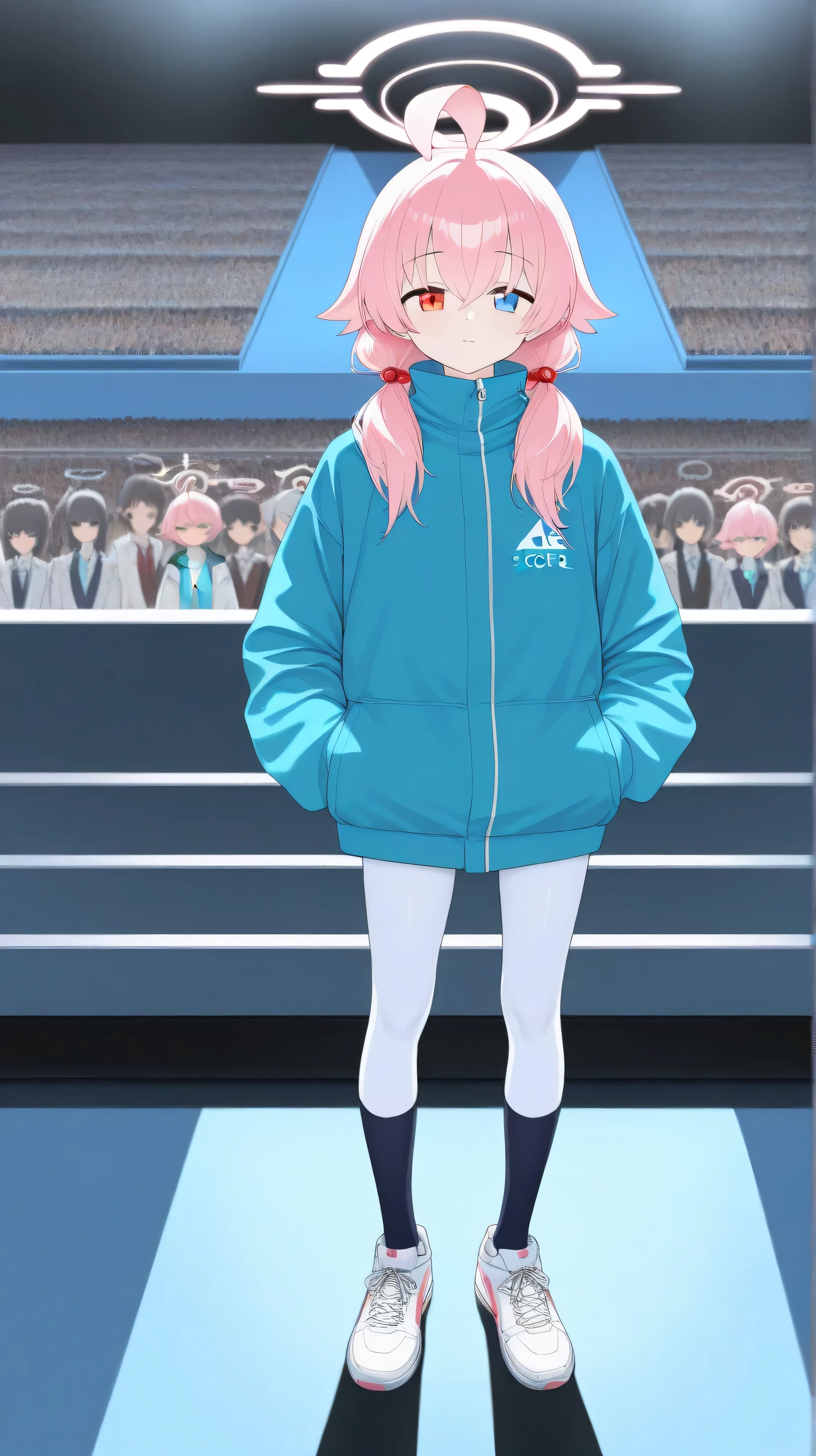 ( masterpiece, Best Quality , high quality , high resolution, Super Fine), Hoshinoたかなし, å¼ ç½ è²æ, older, blue archive , Hoshino, Heterochromic Eyes , red eyes, blue eyes, pink hair, Halo, medium length hair ,Look directly at the audience, alone, cowboy shots , Long Legs,White legs, pink white sneakers,Standing,Standing
