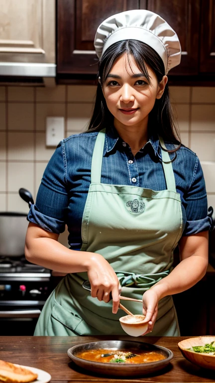 Beautiful 25yo female wearing naked apron, black leather apron, thin black-frame glasses, short silk-brown hair, white teeth smile happy face, tattoo, big breasted, cooking in the kitchen , soft lightning, deep shadow, beautiful photography