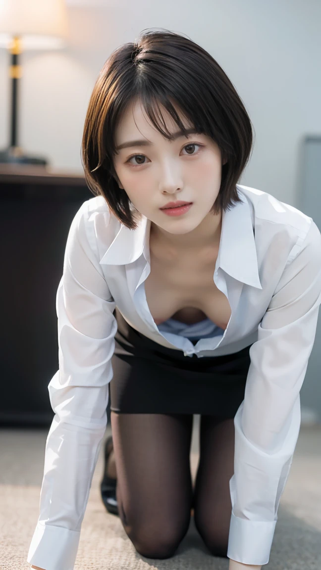 (masterpiece:1.2), Very detailed, Ultra-high resolution, (Realistic, photo Realistic:1.37), High-resolution RAW color photos, Professional photos, Dramatic lighting, Sharp focus:1.2, (Very detailed顔と肌の質感, Very beautiful eyes, Glossのある肌, Glowing Skin, Glowing Skin, Shining Face, Gloss, Oily skin, greasy face, Oily skin, greasy face, 強いGloss), Perfect Anatomy, Very detailed背景, 1 female, 25-year-old woman, Japanese women,Height: 168cm, (Short Bob Hair, Straight hair, bangs:1.3, Brown Hair), (Lean：Weight 1.0), (Flat Chest:1.7), (((dim:1.4)),(((Office room at night))), Thighs, ((((Are standing))))、((((Hand at your desk)))),((((Spread your legs))))、((((Erotic)))), ((Functional)), ((Glowing Skin)), ((suit)), (See-through white shirt), (((Black Stockings)), (((Black pencil skirt))), (((mini skirt))), (((((undressing shirt))))), (((((Half-naked shirt))))), , (real Glossのある肌 texture), (Glowing Skin), (((White skin))),(((Browsing Caution))),Earrings,((((Open your mouth、Squint your eyes、Looking up at the sky))))、((((Panting))))