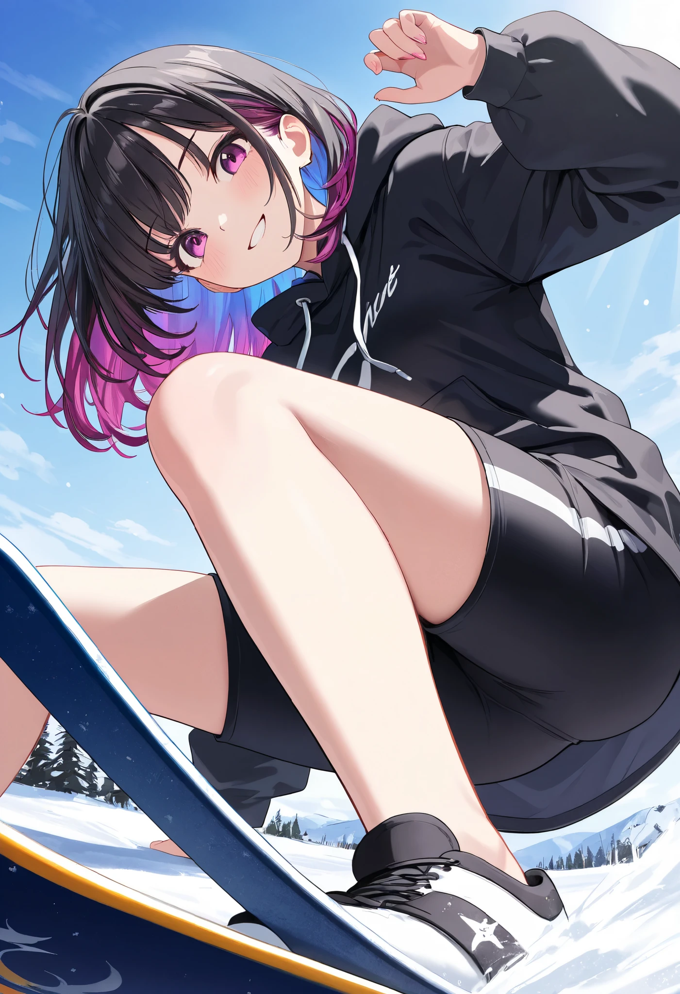 masterpiece, top quality, high detail, beautiful woman's long hair , , Medium Hair, Harajuku Fashion 、 Street、Ano-chan's gradation color hairstyle, snowboarding 、Ski resort