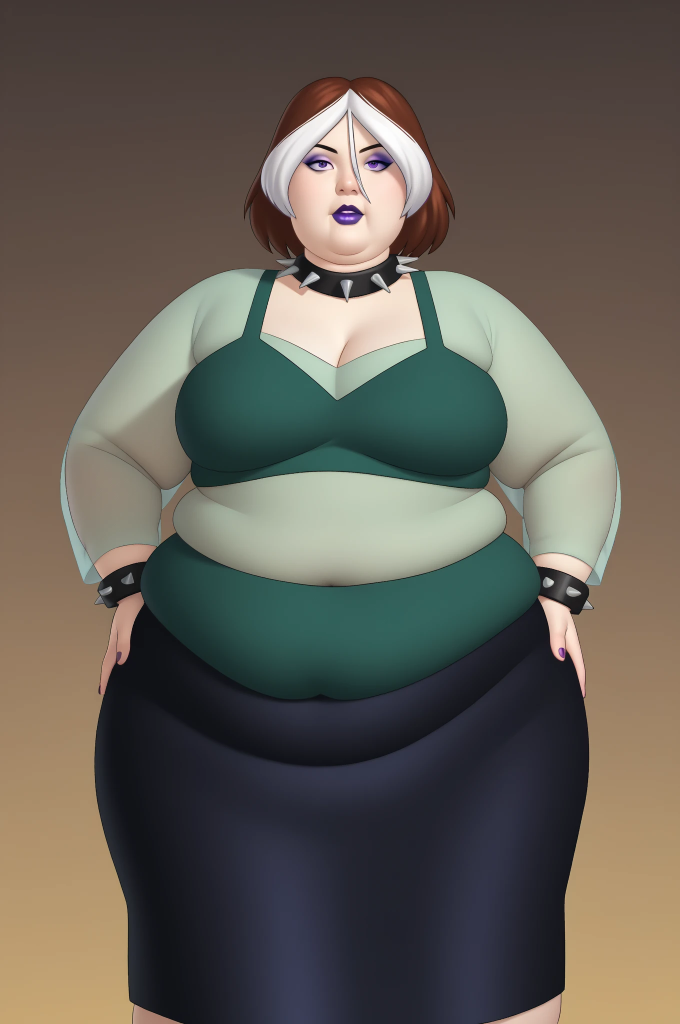 source _ cartoon, score_9, score_8_arriba, score_7_arriba, score_6_arriba, score_5_arriba, score_4_arriba, BREAK, 1 girl, 1 girl, rogue (big fat body), Little chubby face , wonder, multicolored hair , brown hair , white hair, Purple lipstick, purple eye shadow, green eyes, transparent shirt, skirt, spiked necklace , spiked bracelets , modeling pose, (clothes that fit your big, fat body size).