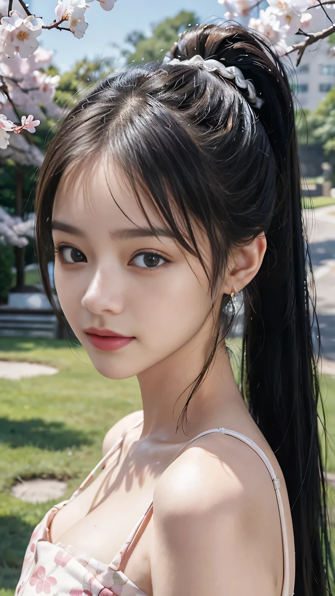 collared dress,european city park,On the lawn,One woman,masutepiece, The highest image quality, High quality, the background is clear,Beautiful woman, Japanese,Ultra-detailed, finely detail, hight resolution, 8K Wallpaper, Perfect dynamic composition, Beautiful detailed eyes , Detailed, Detailed eyes, Detailed skin, Beautiful skin, 超hight resolution, (reality: 1.4),Very beautiful woman, Slightly younger face, Beautiful skin, slender, (Ultra photo realsisim), (hight resolution), (8K), (Very detailed) (beautifully detailed eyes), (super detailed), (Detailed face), view the viewer, Fine details, Detailed face, Staring straight ahead, Staring straight ahead, photos realistic, Bright lighting, Professional Lighting, Black hair,poneyTail,a baby face,sixteen years old,Hairstyle: ponytail,Long ponytail hairstyle,slight smile,neat and tidy clothing,Beautiful Japanese KPOP idol photo, hair style is ponytail, my eyes are double and wide, baby face, smile and look straight ahead, slender, small breasts,Close up face,