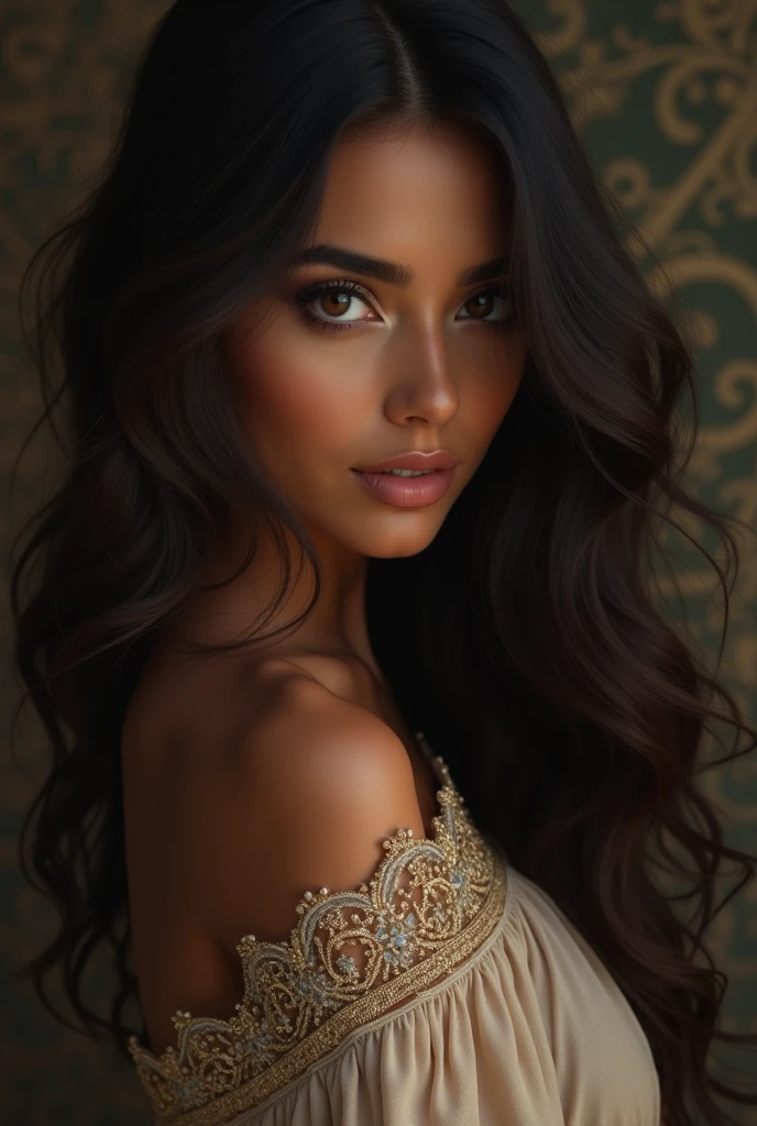 A middle eastern woman, with dark smooth skin and long hair that covers one of her eyes. She has bright brown eyes. Is 5,11 ft tall and beautiful 