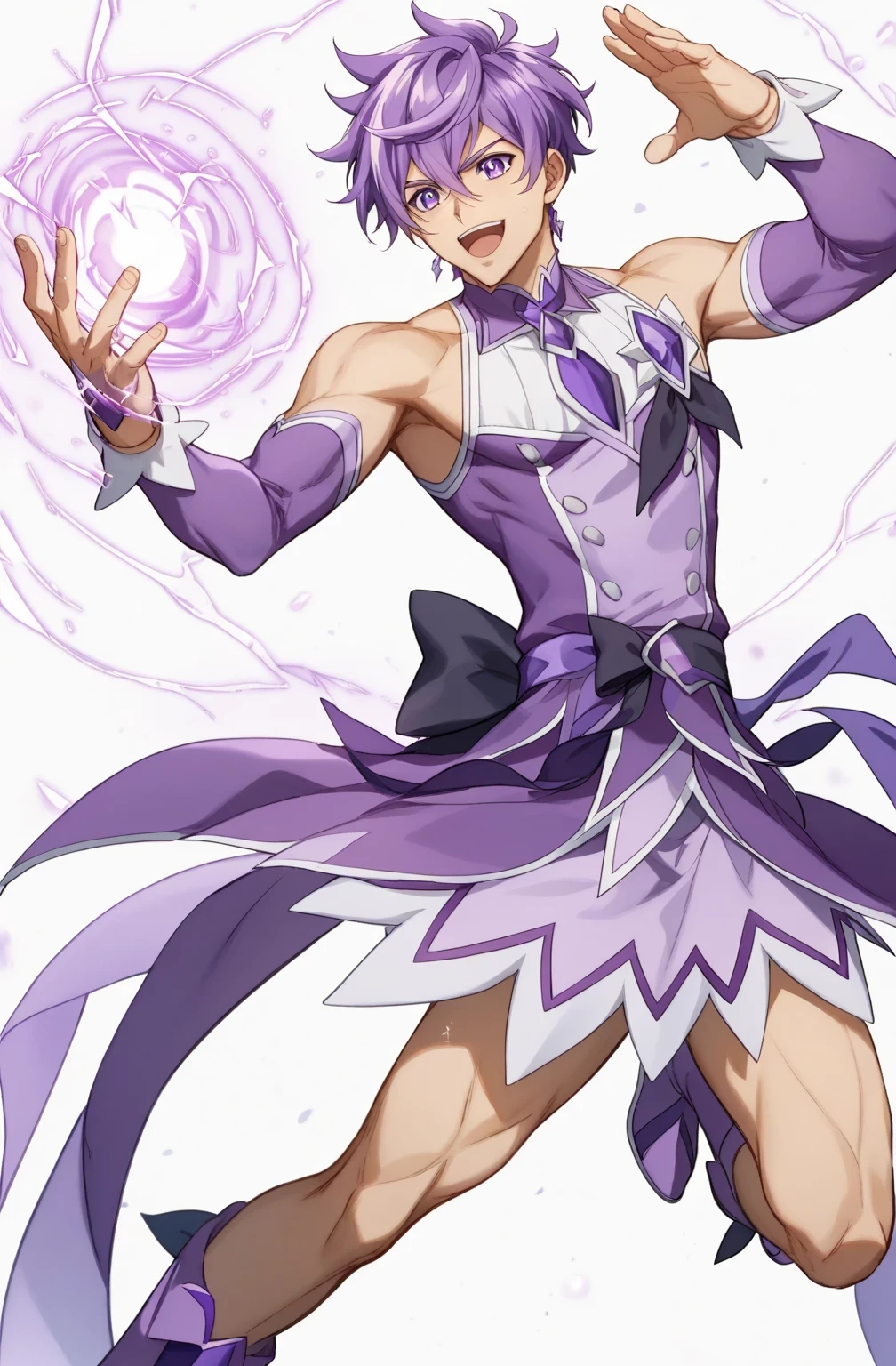 score 9 、score 8 up、score 7 up、source anime、masterpiece、 best quality、 high resolution、1boy 、Cure Sword、(male:1.5)、close-up of a boy cartoon character with purple hair、Alone、portrait of Magic Boy、 Boy in a White and Purple Dress 、Long Legged 、Heavenly Aura、Lightning Aura、 White and Purple Miniskirt 、 Purple Arm Warmers 、purple detached sleeves、purple waist bow、Bare legs、Bare thighs、 purple thigh-high boots 、 Symphogear Flavor 、 Boy with Short Light Purple Hair 、 Prince of Amethysts 、 OFFICIAL CHARACTER ART 、style of Magic Boy、Magic Boy、 Anime Boy 、 Official Art、 high resolution、perfect costume、sparkling Magic Boy、(manly:1.5)、With Sparkling Purple Eyes 、perfect body、perfect hands、perfect arms、perfect legs、(male body:1.5)、beefcake pose、beefcake taste、