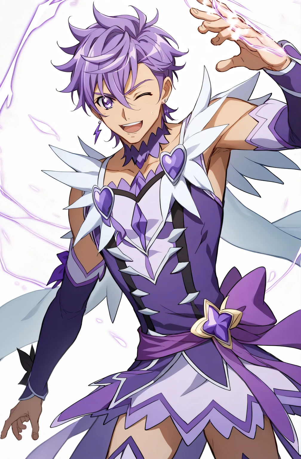 score 9 、score 8 up、score 7 up、source anime、masterpiece、 best quality、 high resolution、1boy 、Cure Sword、(male:1.5)、close-up of a boy cartoon character with purple hair、Alone、portrait of Magic Boy、 Boy in a White and Purple Dress 、Long Legged 、Heavenly Aura、Lightning Aura、 White and Purple Miniskirt 、 Purple Arm Warmers 、purple detached sleeves、purple waist bow、Bare legs、Bare thighs、 purple thigh-high boots 、 Symphogear Flavor 、 Boy with Short Light Purple Hair 、 Prince of Amethysts 、 OFFICIAL CHARACTER ART 、style of Magic Boy、Magic Boy、 Anime Boy 、 Official Art、 high resolution、perfect costume、sparkling Magic Boy、(manly:1.5)、With Sparkling Purple Eyes 、perfect body、perfect hands、perfect arms、perfect legs、(male body:1.5)、beefcake pose、Cure Sword costume、beefcake taste、