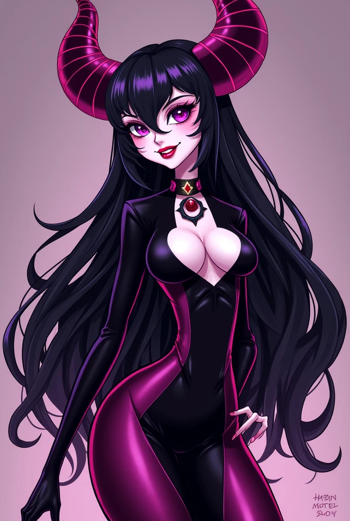A butterfly character with the color, schemes of white, red and black in the style of hazbin hotel