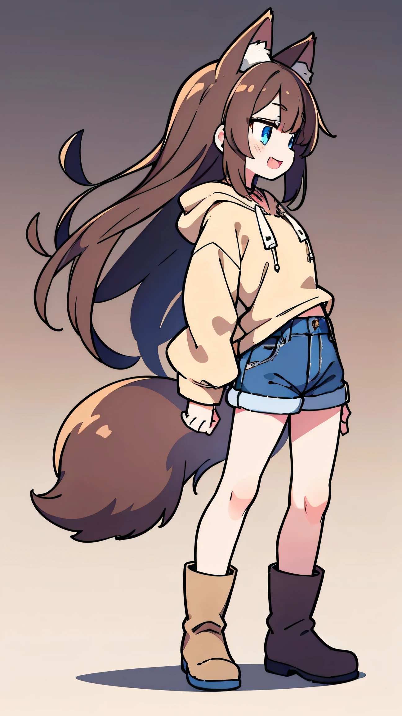 woman、Fox Ears brown hair 、blue eyes、 long hair、 denim、 shorts、 beige hoodie、 boots、 double teeth、 profile