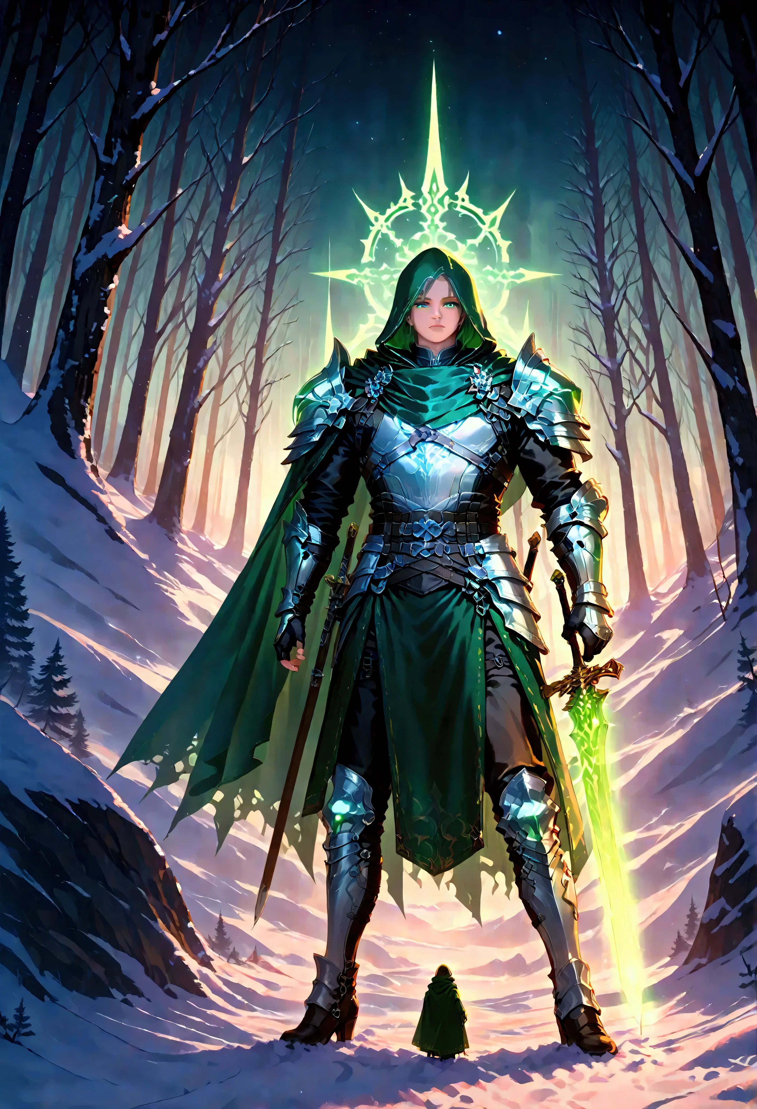 score_9, score_8_up, score_7_up, score_6_up, score_5_up, score_4_up, fantasy art, RPG art, fantasy art, ultra wide shot, RAW, photorealistic, a portrait picture of male human ranger, the ranger, a handsome human male, short black hair,  green eyes, wearing (white leather armor: 1.2), wearing (green cloak: 1.1), armed with a (sword: 1.3), wearing high heels boots, standing in a dark forest at night, a sense of fear, yet she stands defiant and fearless, dark fantasy forest in the snow background, best quality, 16k, [ultra detailed], masterpiece, best quality, (ultra detailed), full body, ultra wide shot, Cinematic Shot