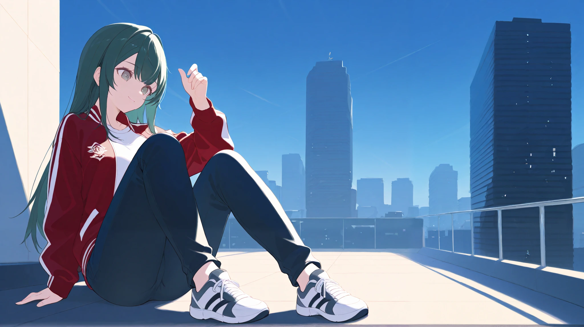 ( Masterpiece, Ultra Detailed , clear focus , shadow, super high resolution , 8k, perfect anatomy, perfect face, ( detailed face ), ( detailed eyes ), highlights on her eyes Best Quality 、 wearing black street sneakers with silver decorations、blunt bangs, no stray hair、 dark green hair、 semi-long hair、double eyelids、 gray eyes、 cool woman with white skin 、One person、Around 25 years old、 smiling 、F cup breasts、About 170 cm tall 、 is constricted、Beautiful, shiny hair、 She's wearing a red letterman jacket , wearing thick black jeans 、、a necklaceを身に着けている、night、Sitting on the roof of a skyscraper 、 she wears shoes that look like running shoes so that the angle of view is reflected from front to head to feet 、I smoke paper cigarettes 、きれいなnight空、 bird view 、Overhead camera work