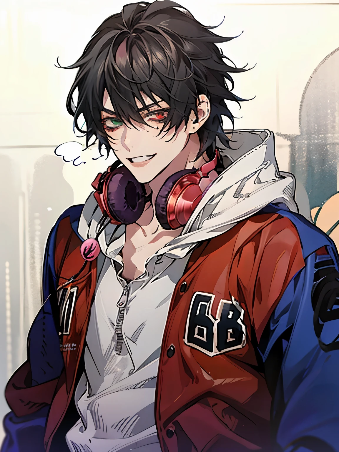 yamada ichiro\(Hypnosis Microphone\), nffsw, 01, 1male, Alone, Looking at Viewer, Upper body, buster bros, Male Focus, 19 years old, Red Eyes, bangs, Black hair, hair between eye, heterochromia, Green eyes, Mole under the eyes, Red jacket, multicoloRed jacket, Blue jacket, Shirt, Long sleeves, Open your clothes, grin, Open jacket, Ring, Hood down, zippers, White hoodie, hooded jacket, Black belt, headphones around neck,