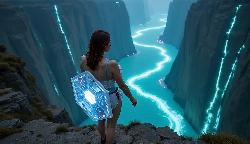 there is a naked woman standing in the desert with a large object, full of glass. cgsociety, magical crystals, still frame from a movie, inspired by Louis Mathieu Verdilhan, album art for a trance dj, the rift, triangle shards, cinematic lens flare, connectedness, [ shards, 4 dimensions