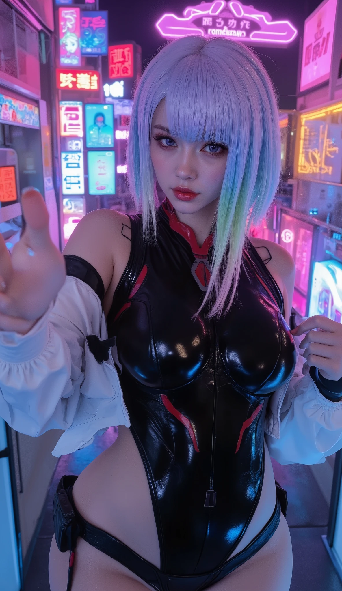 (((lucy take a selfie photo, top angle, selfie camera))) posing in front of neon signs, ((wearing a black cyberpunk bodysuit with white cropped jacket)) , female cyberpunk anime girl, cyberpunk outfit, cyberpunk 2 0 y. o model girl, cyberpunk anime girl, oppai cyberpunk, cyborg - girl with silver hair, cyberpunk angry gorgeous goddess, styled like ghost in the shell, cyberpunk femme fatale, in cyberpunk style