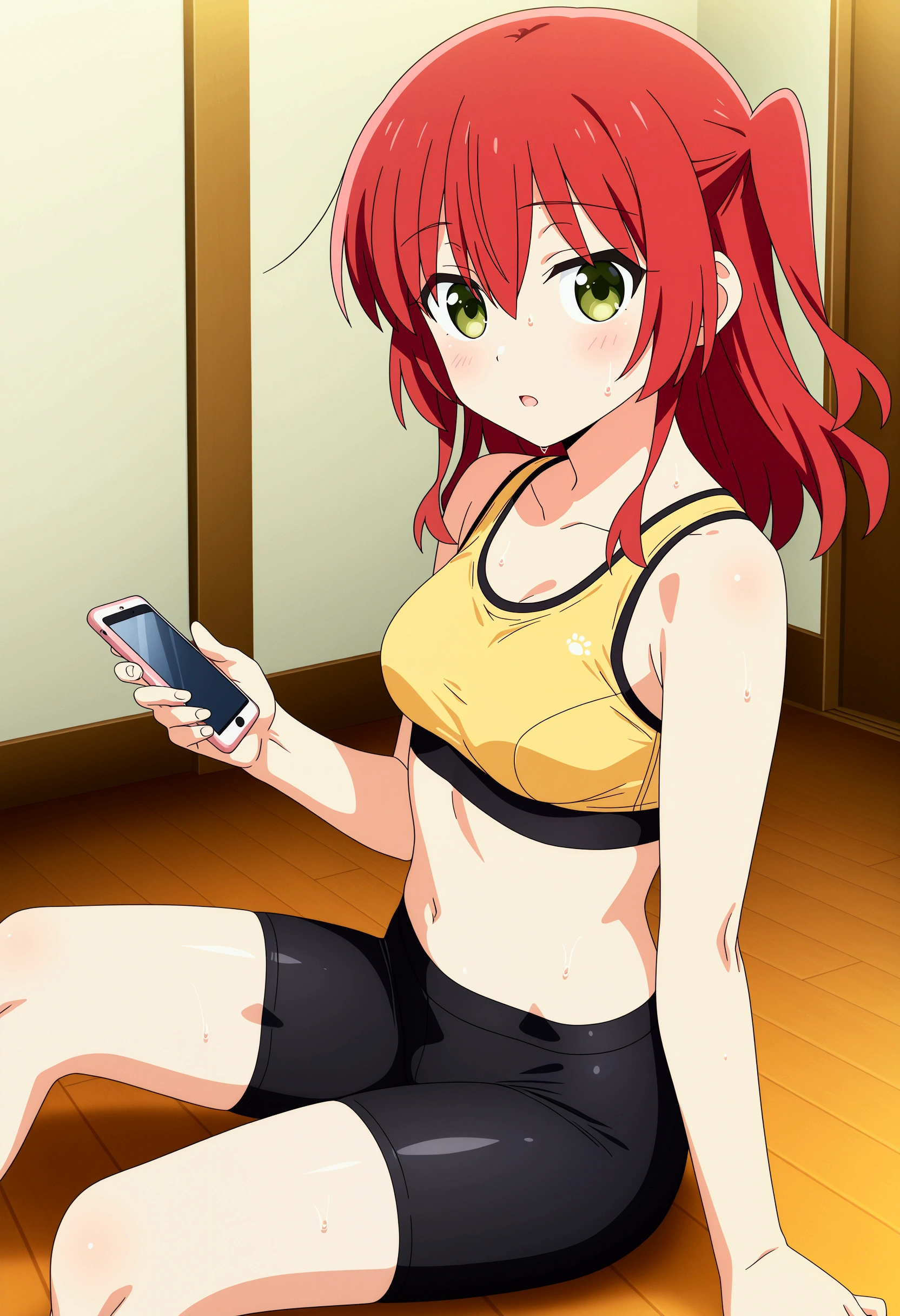 anime character, realistic, BREAK, game cg, cg, anime, anime style, anime coloring, official art, nsfw, 1girl, red hair, long hair, ikuyo kita, green eyes, hair between eyes, one side up, medium breast, bare_shoulders, sports bra, yellow bra, bike shorts, black bike shorts, sitting, indoors, fitness, floor, wooden_floor, open mouth, solo, holding_cellphone, looking_at_viewer, sweat, from_side, on_floor, female_focus, cropped_legs, blurry,