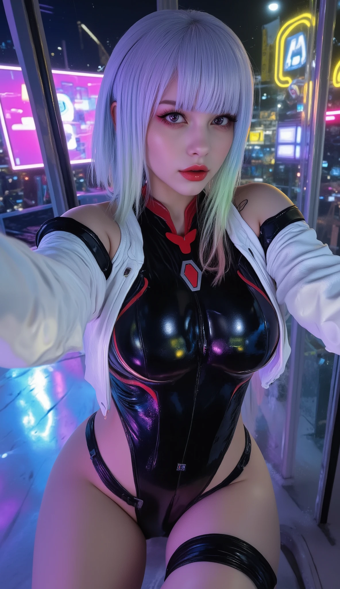 (((lucy take a selfie photo, top angle, selfie camera ))) posing in front of neon signs, ((wearing a black cyberpunk bodysuit with white cropped jacket)) , female cyberpunk anime girl, cyberpunk outfit, cyberpunk 2 0 y. o model girl, cyberpunk anime girl, oppai cyberpunk, cyborg - girl with silver hair, cyberpunk angry gorgeous goddess, styled like ghost in the shell, cyberpunk femme fatale, in cyberpunk style