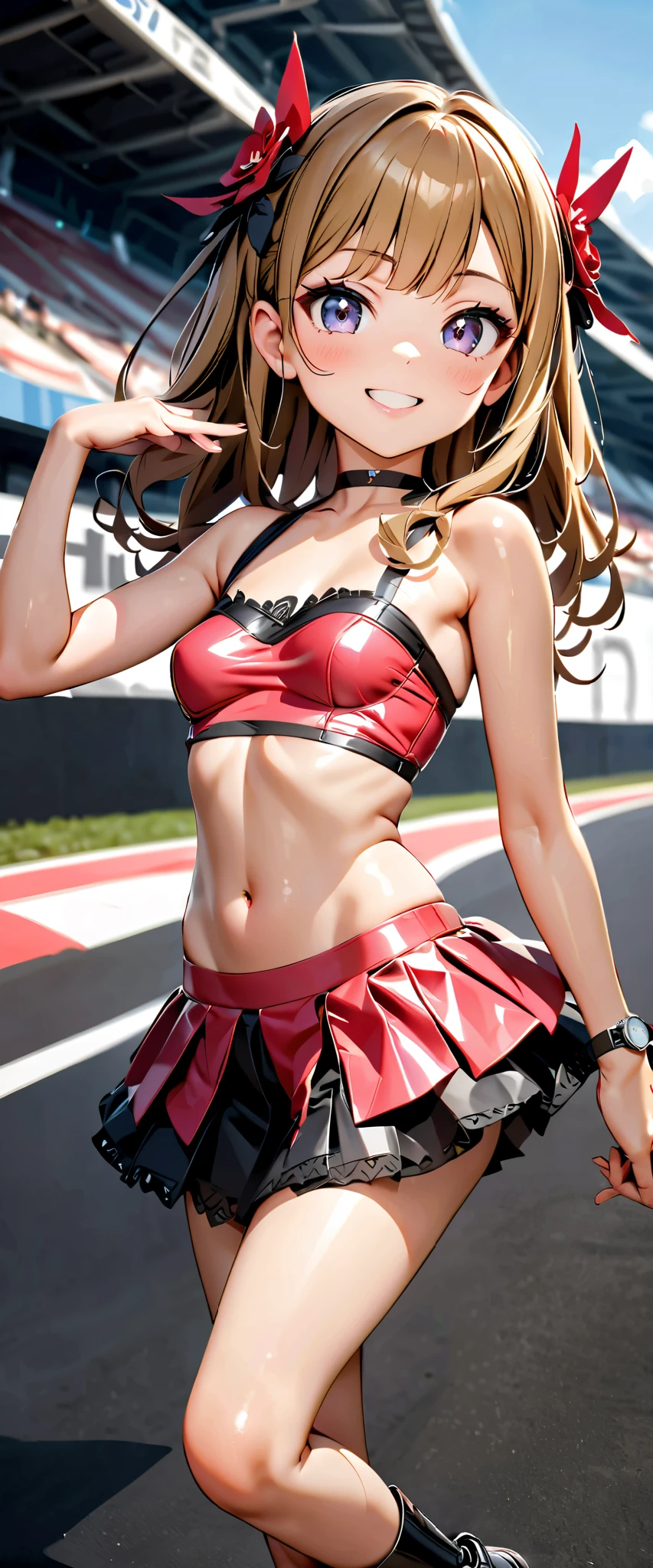 best quality, super high resolution, One person, small breasts, black choker, smile, exposes shoulders, focus only , Watch viewers,Fair skin,Car racing track, photon mapping, Physically Based Rendering, RAW photos , very detailed background, K-pop Idol , depth of coverage, hair ornament, detailed face, glowing skin, game cg,whole body, shiny micro mini skirt,shiny micro tube top,shiny long boots lace queen, small tits, cute pose , sports car,,