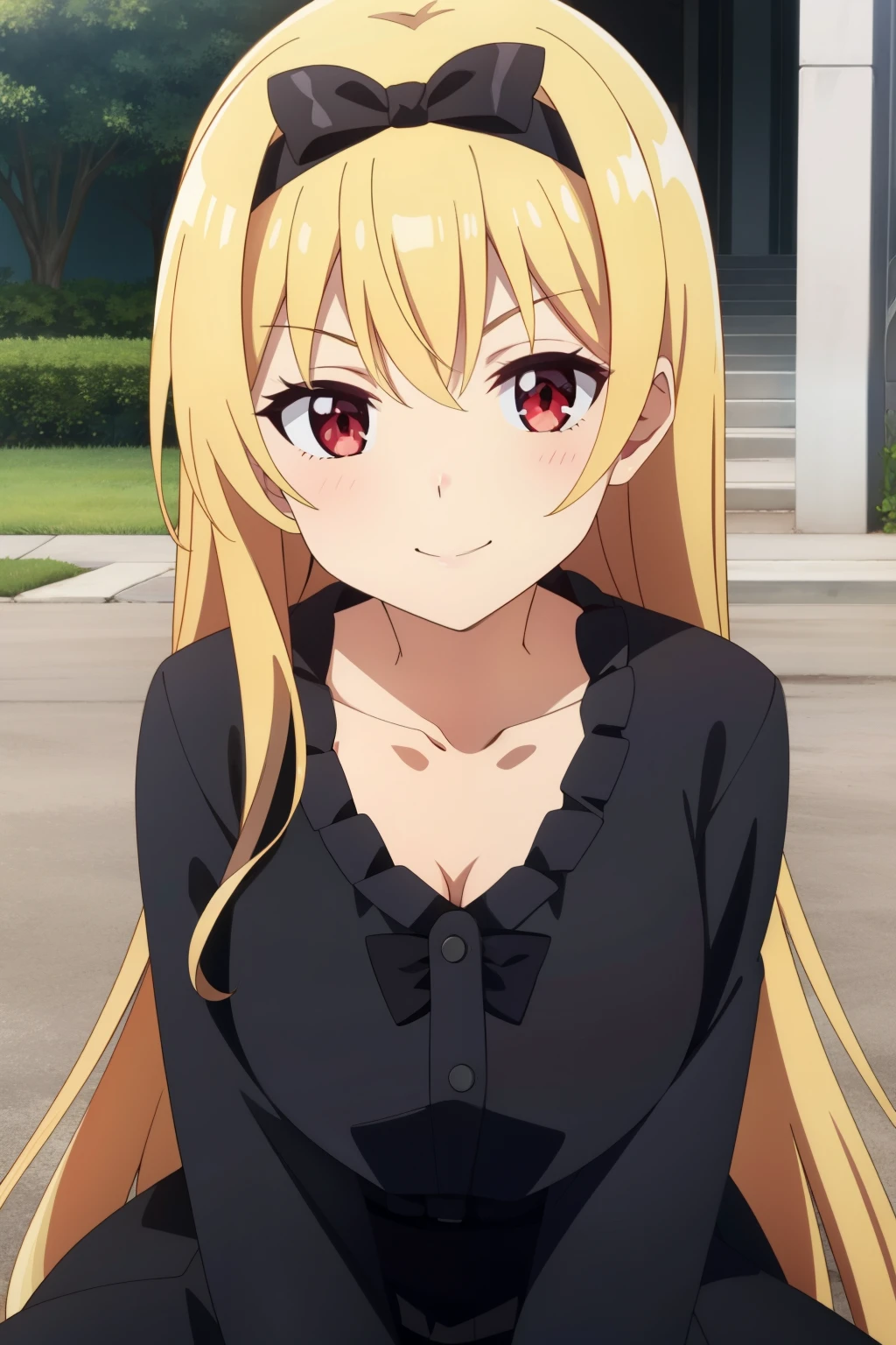common _Yue, one girl, long hair, alone, blond, red eyes, Watch viewers, hair bow, bow, black bow, Hair Band , Between the eyebrows, anime coloring on nipples, bangs, ribbon, Shut up, very long hair, 黒ribbon, Jewelry, 黒 Hair Band , Blog, Outdoors,frills,smile、 pussy、 completely naked、 completely naked、 completely naked、I'm ashamed