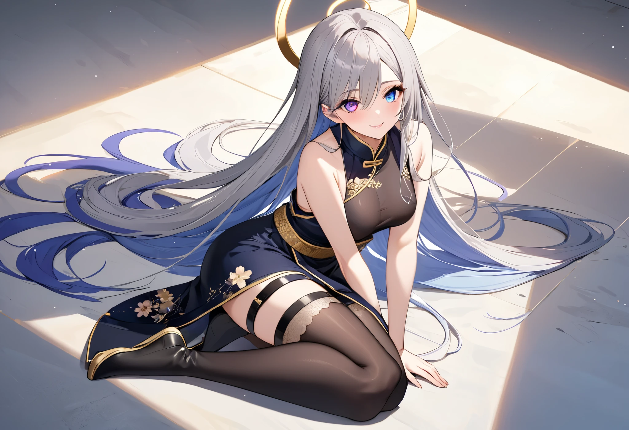(masterpiece,Perfect Anatomy,highest quality,Super detailed,High resolution.8k,Highly detailed CG,),Highly detailed eyes,Detailed face,Perfect hands、Highly detailed five fingers,Perfect Legs、One Girl,(Heterochromia: red right eye and blue left eye),very long white hair,(Dark Skin:1.3),shiny skin,(Small breasts),Slender body,low length,, slanted eyes,small eyes,evil grin,BREAK、traditional chinese costume、tight size、Side slits,No panties,(crossed legs),BREAK,Wind,sunrise、sun,temple,garden,fallen leaves,autumn、backlighting、cowboy shot、(from below),Look this way,dutch angle