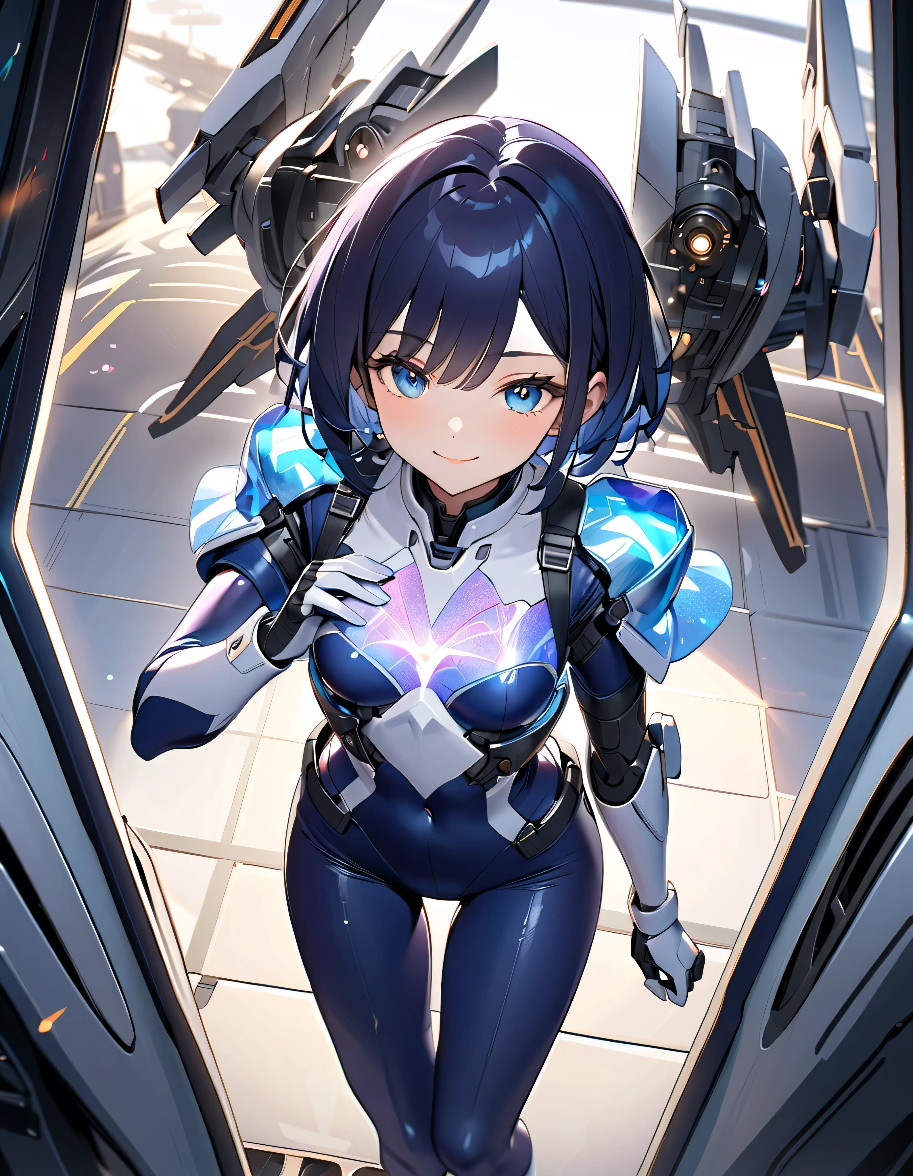 Transparent sexy cyborg suit、17 years old、beautiful girl、ponytail、Black Hair、fight、blue beam、universe space、Close-up of face