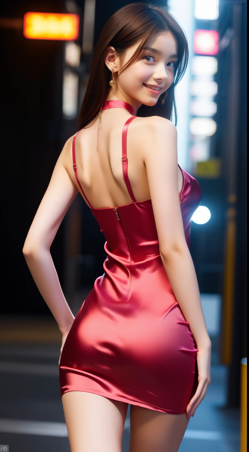 8k, Masterpiece, raw photo, The best quality, detail:1.2),photorealistic, Fondos de pantalla CG unificados 8k extremadamente detallados, depth of field, cinematic light, Lens flare, ray tracing, (extremely beautiful face, Beautiful lips, Beautiful eyes), Cara de detail intrincado, ((Ultra detailed skin)) 1 girl, In the dark, deep shadow, Pretty Korean girl, kpop idol,(Cuerpo musculoso very thin y delgado:1.3), ((See the viewer)),(big smile), (Minivestido BodyCon),(pink dress), (Exposed panties), (injection sleeve) , (evening de la ciudad, (neon light sign), (evening), Pretty Korean girl, earrings, bracelet, neck, shackles, light eyes, andante , (pale skin), Face forward, (large eyes), ((Upper body shots)), Minivestido BodyCon, Silk mini dress ,Exposed panties, Came back, rear shot, very thin, Slander