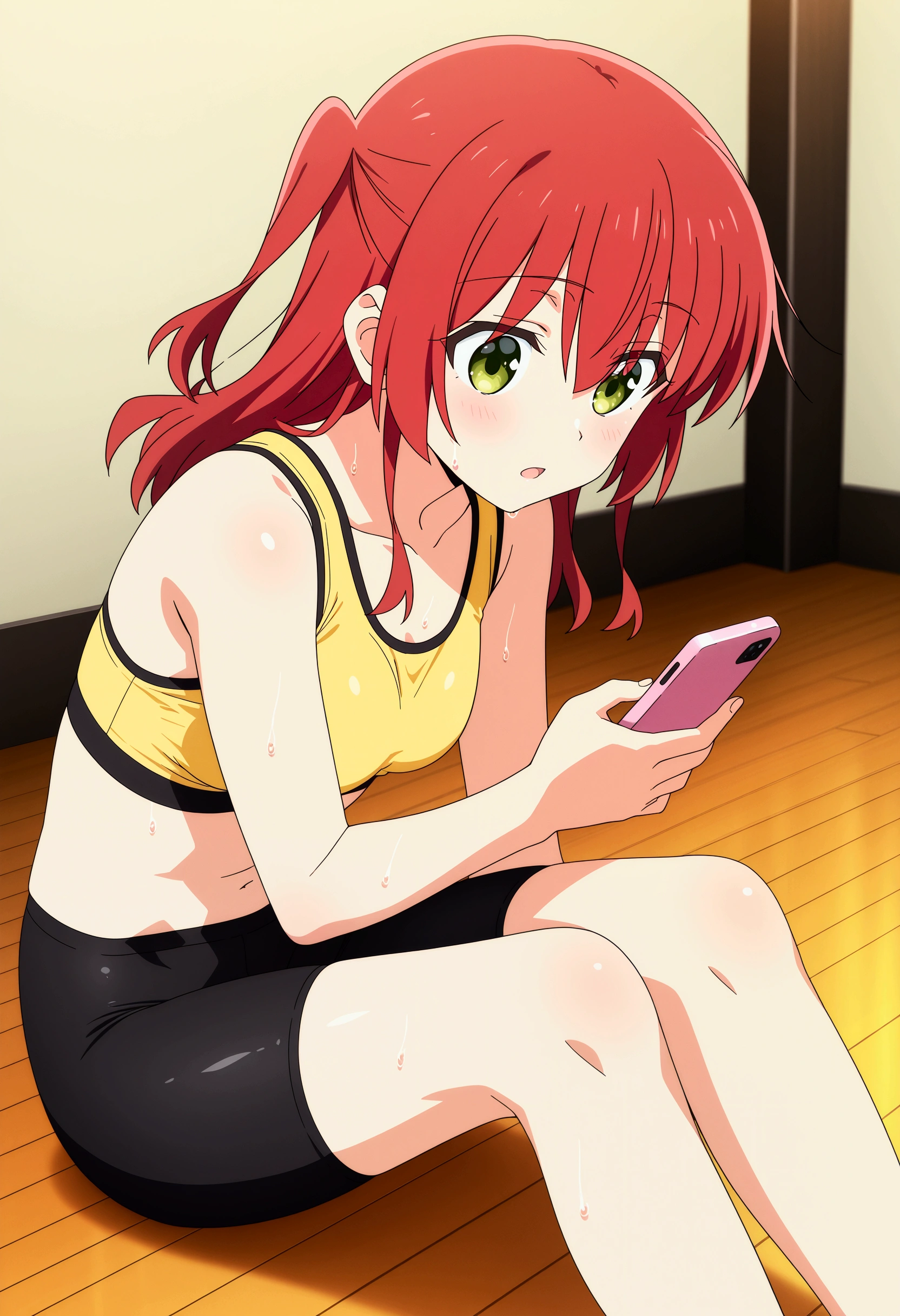 anime character, realistic, BREAK, game cg, cg, anime, anime style, anime coloring, official art, nsfw, 1girl, red hair, long hair, ikuyo kita, green eyes, hair between eyes, one side up, medium breast, bare_shoulders, sports bra, yellow bra, bike shorts, black bike shorts, sitting, indoors, fitness, floor, wooden_floor, open mouth, solo, holding_cellphone, looking_at_viewer, sweat, from_side, on_floor, female_focus, cropped_legs, blurry,