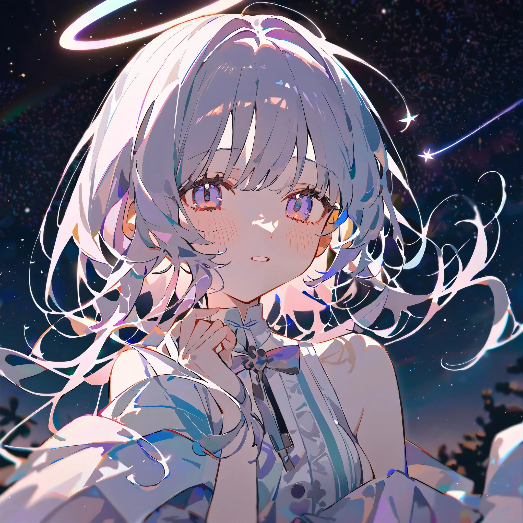 girl , pastel colors, white ,🫶🏻💗,🤍🫧🪽🦢,Ephemeral Dreams , background is white, Yume Kawa Girl,Angel,Shine,Night Sky, shooting star, Milky Way, greatest masterpiece in history, the most beautiful woman in the world, cute, look over here,I am the protagonist ,Mysterious,A touch that moves your heart