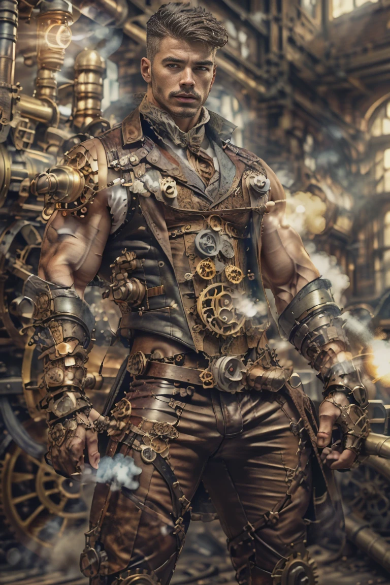 ((Masterpiece, High Quality)), Best Quality, highly detailed , ultrarealistic , cinematic ,realistic , photorealistic realistic eyes, intricate details, detailed background, depth of field, dynamic pose, dynamic angle ,male focus ,muscled man (1.0) ,handsome  (detailed face) ,Young  Arafed muscular chiseled very handsome man , ((  steam4rmor,A muscular, attractive man dressed in a detailed steampunk outfit. The outfit includes leather straps, brass gears , a vest, and metallic accents. The man has a confident and alluring pose, with a mysterious expression. The background features an industrial steampunk setting with steam pipes, machinery, and a warm, vintage atmosphere r, highly detailed, , detail face, tool enhancer ,slider 1.0)), realistic, masterpiece, intricate details, detailed background, depth of field, photo of a man ,looking like courage , ((light bokeh)) , highlighting the strong muscle lines ,  symbol of strength. Perspective and perspective: shooting from a low angle , highlighting the height and majesty of  men. Or use a side perspective to show the posture and tattoo of a  men.