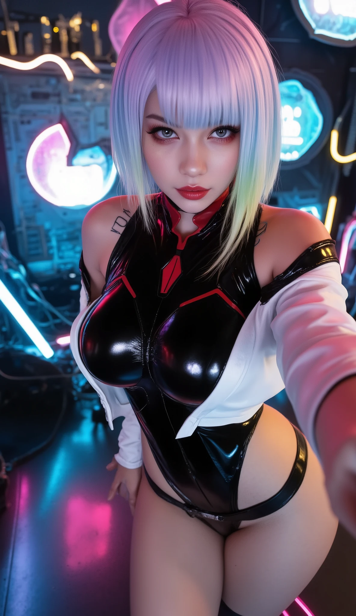 (((lucy take a selfie photo, top angle, selfie camera ))) dancing in front of neon signs, ((wearing a black cyberpunk bodysuit with white cropped jacket)) , female cyberpunk anime girl, cyberpunk outfit, cyberpunk 2 0 y. o model girl, cyberpunk anime girl, oppai cyberpunk, cyborg - girl with silver hair, cyberpunk angry gorgeous goddess, styled like ghost in the shell, cyberpunk femme fatale, in cyberpunk style