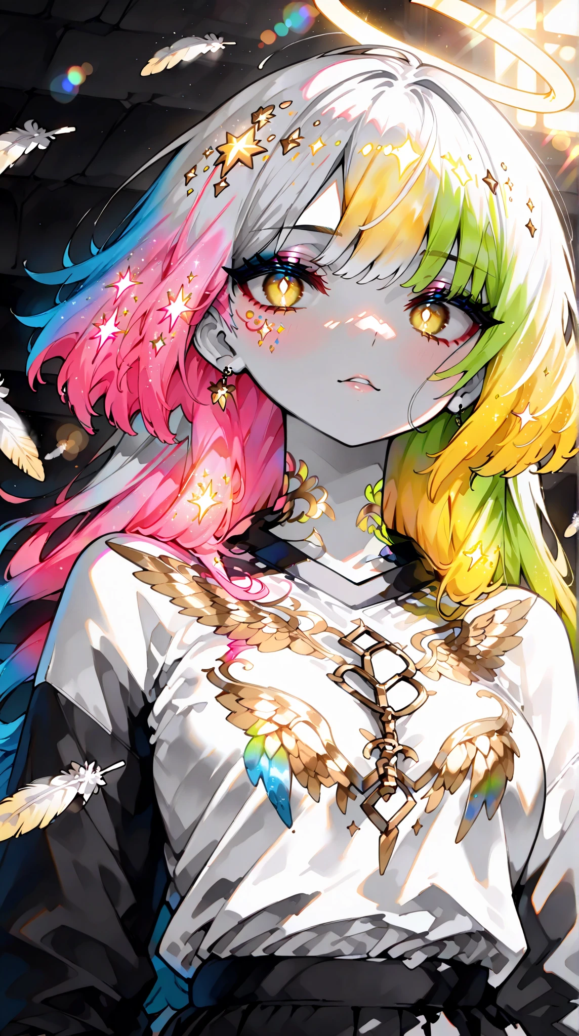 (paint effect:1.3), ((lots of galaxy+rainbow color feathers):1.3), (mixed rainbow color), flowing, (Melted, splashed ink)
([1 peacock:1 loli:0.3]:1.2), rainbow hair, cute face, upper body, Hair flowers, decorative art, (Heterochromatic:1.2), Cleavage, (from side:1.2)
rainbow color(lots of feathers:1.3)