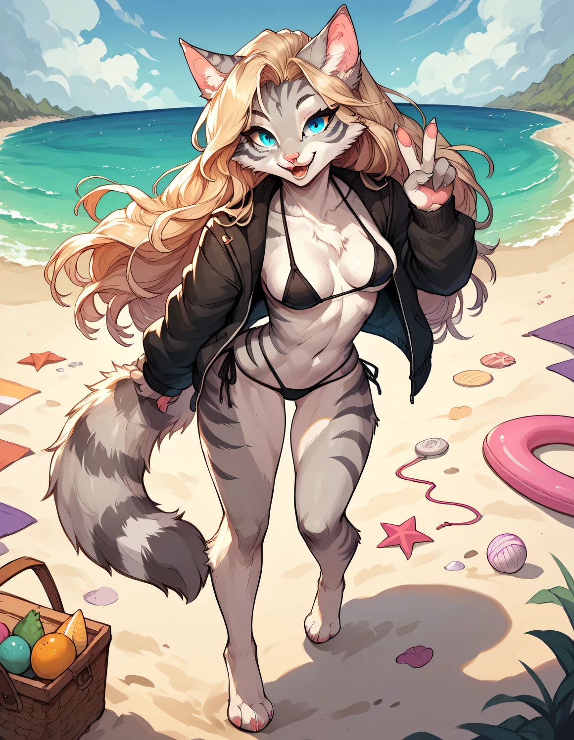 Red panda with purple fur with long Pink hairs with Blue Highlights and glowing Green eyes wearing Black swimsuit looking at her hand while other hand on her breast there are some traces of magic floating around her she is in a beach
