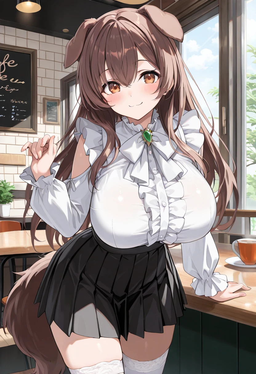 Highest quality,masterpiece, high resolution, nsfw, 1 girl, reverse bunny, huge breasts,pink nipple, belly button, shaved pussy,indoor, cafe, blush, standing, looking at viewer, horse ears, horse tail, Copano Rickey