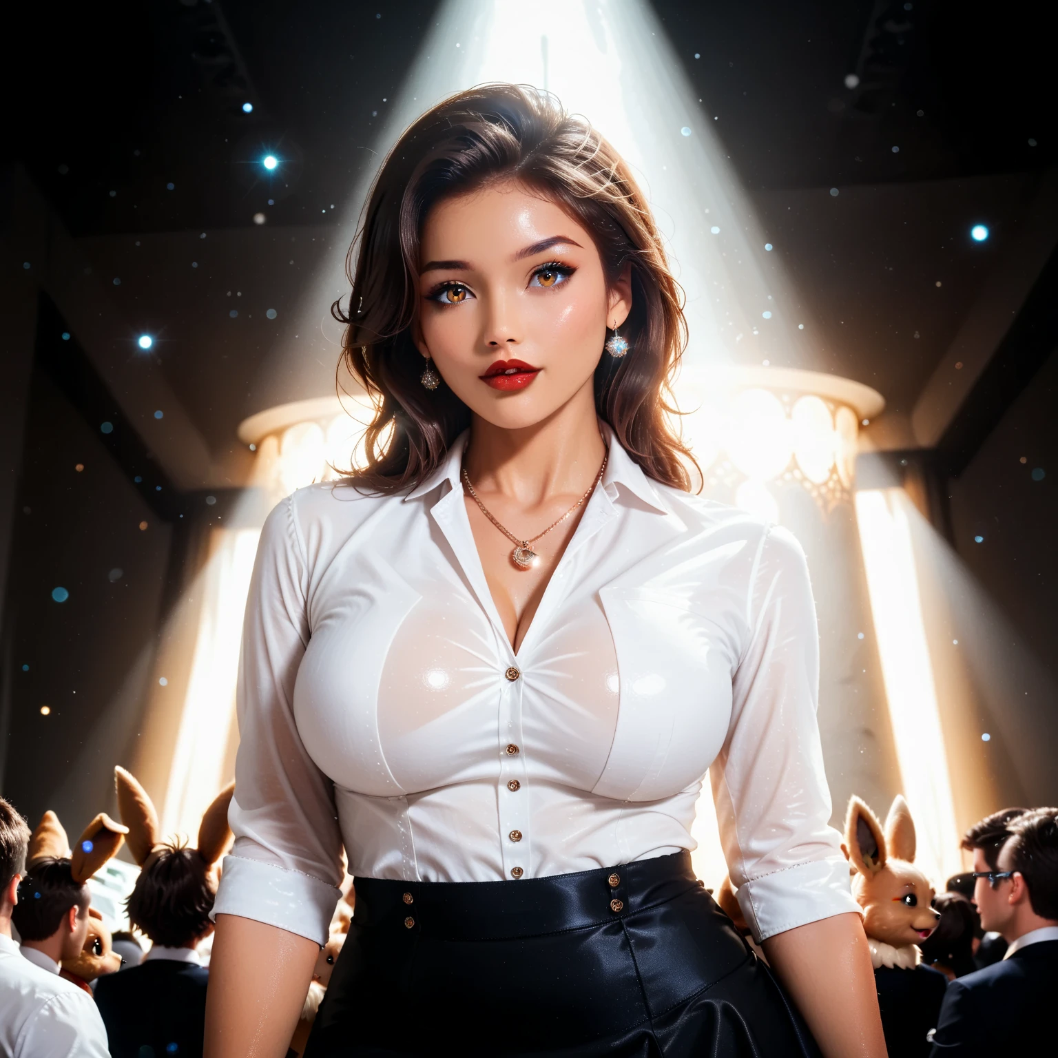 Lucy Pinder, face portrait, portrait, mouth wide open, (Adele), ((VERY INTENSE MAKEUP)), voluptuous, cleavage, lace, ((singing)), (Karen Fukuhara), (sweating), ((Eyes closed) ), ((frown)) black hair, long sleeve blouse, white blouse, buttons, tie, black skirt.