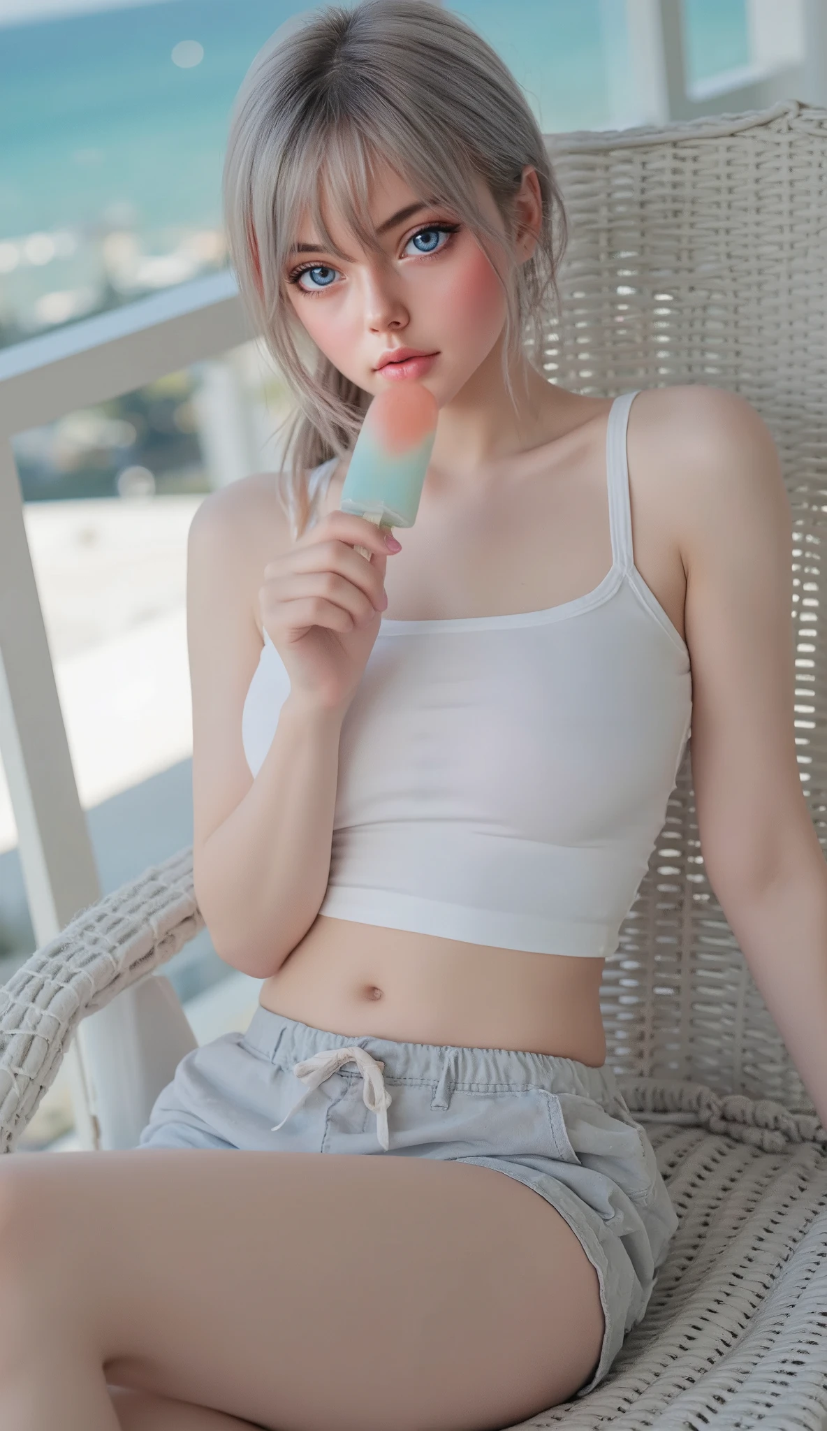 masterpiece, sunlight, girl, skinny, pale skin, small breast, hot outside, strapless tank top, yoga shorts, Eating popsicle