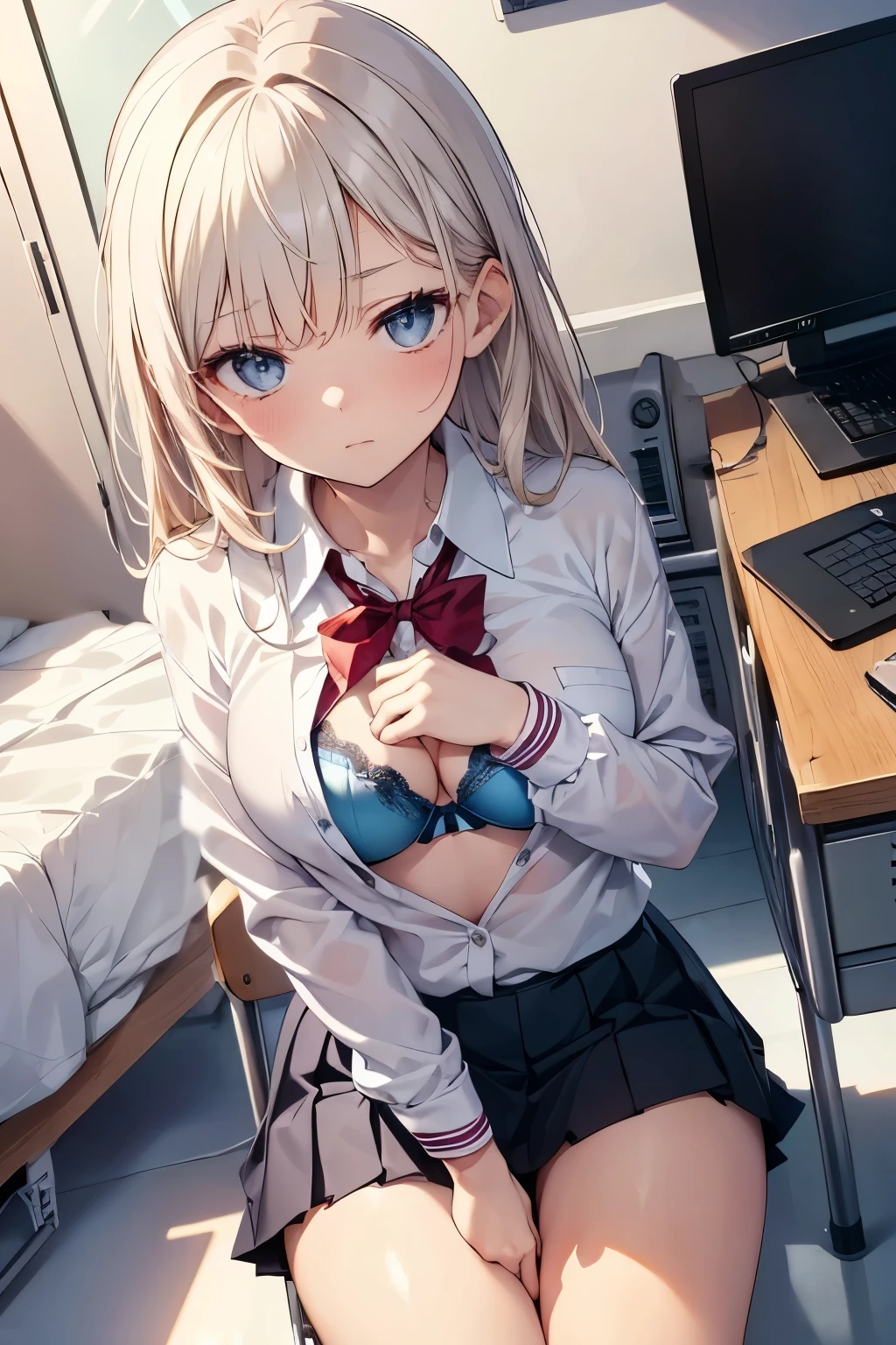 (masterpiece: 1.3), (Maximum resolution: 1.2), (Ultra High Definition TV: 1.2), Cinematic Light, 8K resolution, Detailed facial features , (Sharp focus: 1.2), (Focus on the face:1.2),Perfect Style, Beautiful Face, Acura, Anatomically correct, Highly detailed face and skin texture, Beautiful Eyes,Beautiful Eyes, Thin eyebrows, Glitter Eyeliner: 1 Natural Cheeks, Glowing Skin, Fair skin: 1.2, (Glossy Lips: 1.4),、 (Embarrassed look: 1.2),Highly detailed face and skin texture, Natural Cheeks, , Glossy Lips: 1.4,Perfect Style、Cleavage、Soft Breasts、(White mucus on chest:1.4)(White mucus on thighs:1.2)、 blush、A humiliating look、Anxious expression、A look of humiliation、Embarrassed look、Glare、anger、sorrow、tears、Open your knees、Spread your legs、 White underwear、Sparkly little earrings and necklace、Disheveled clothes、White panties、sweating、Thin underwear、stockings、Year: 18-year-old, A clean-cut woman,1 person、 Upward-facing chest, blonde、Silver Hair、Blue-gray eyes、Greenish-gray eyes、night classroom、(High School Uniform:1.2)、masturbation behavior、Masturbation、short hair、Semi-long hair、
